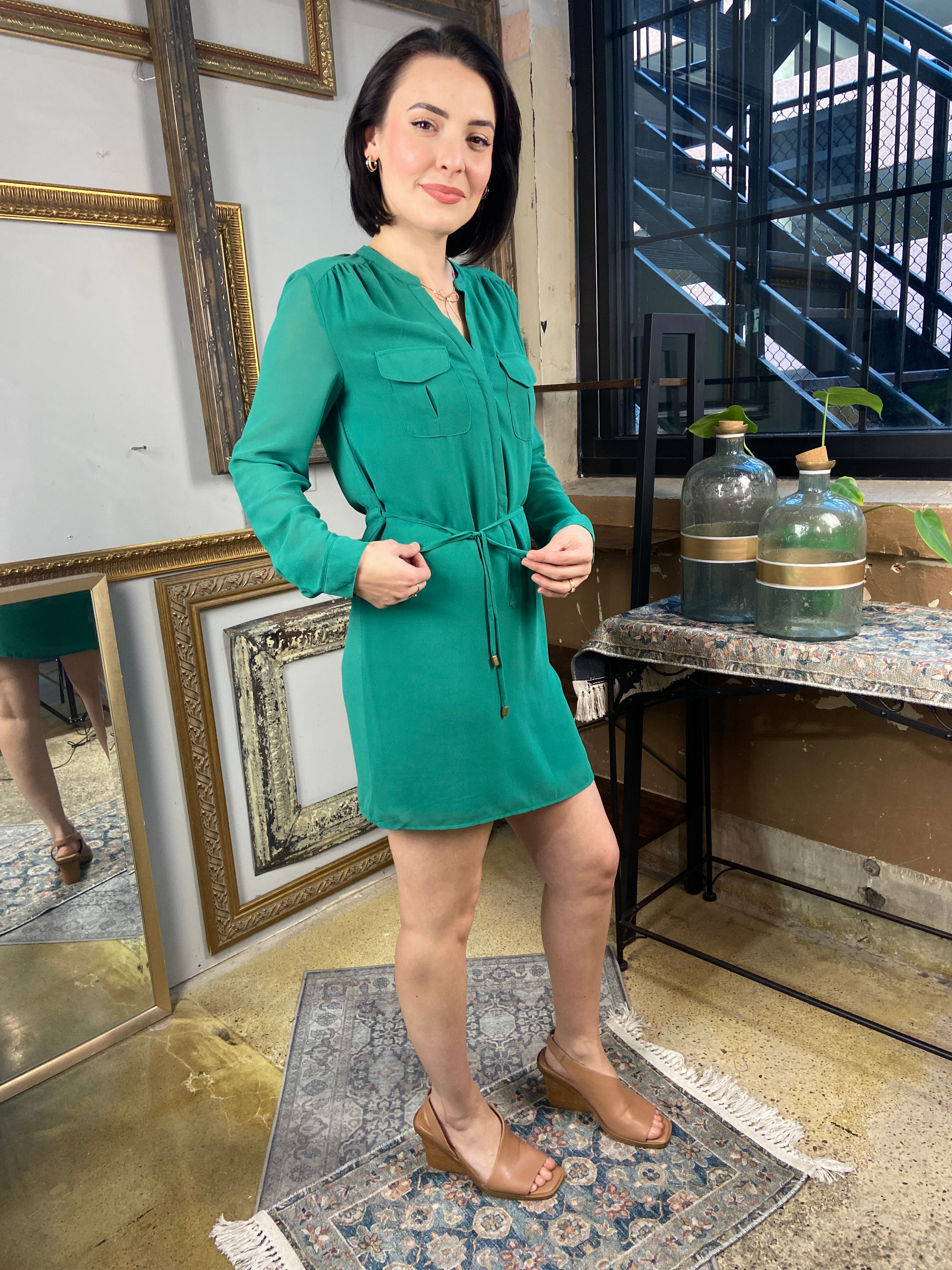 Hadley Green Drawstring Waist Long Sleeve Dress