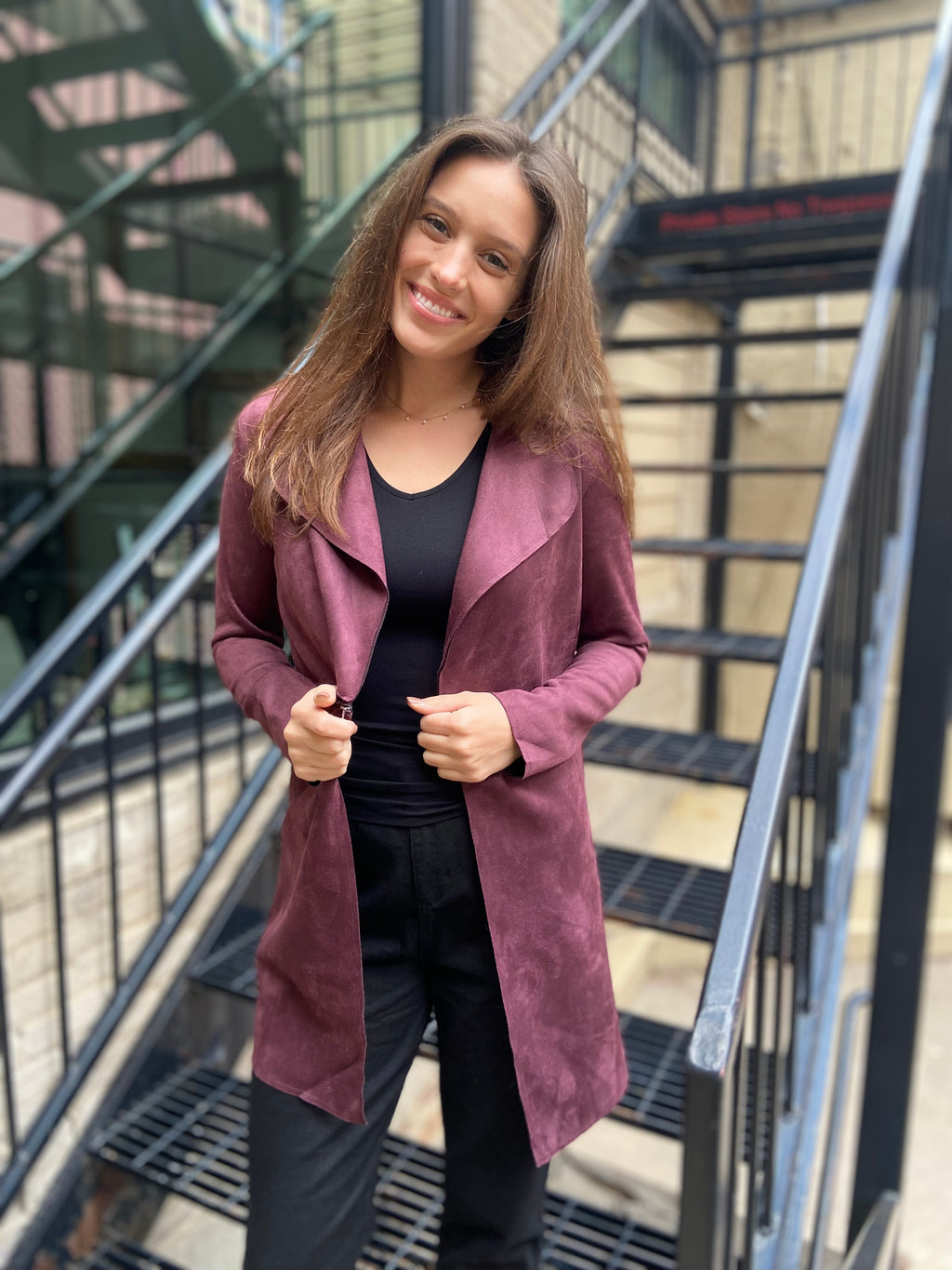 Harper Cherry Coke Faux Suede Long Trench