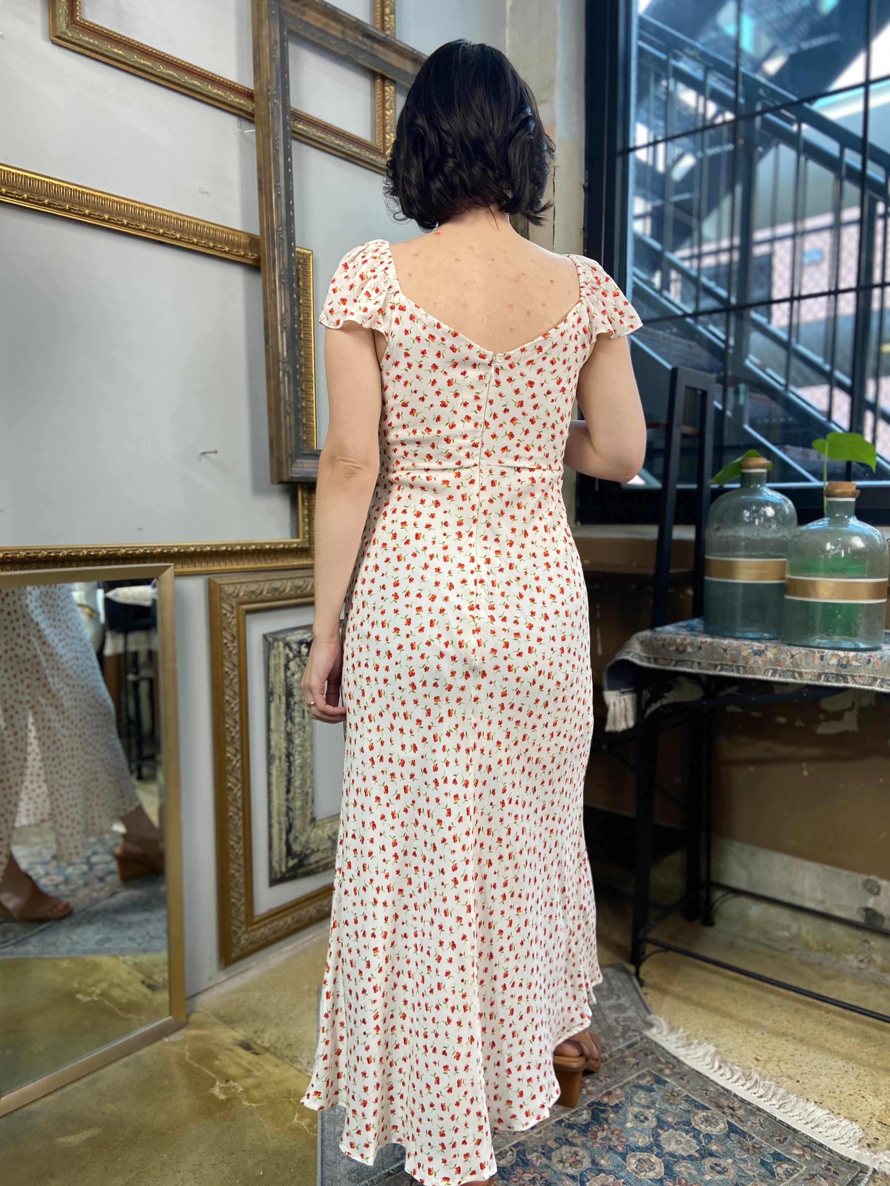 Brooklyn Cream Rose Dainty Slit Midi Dress