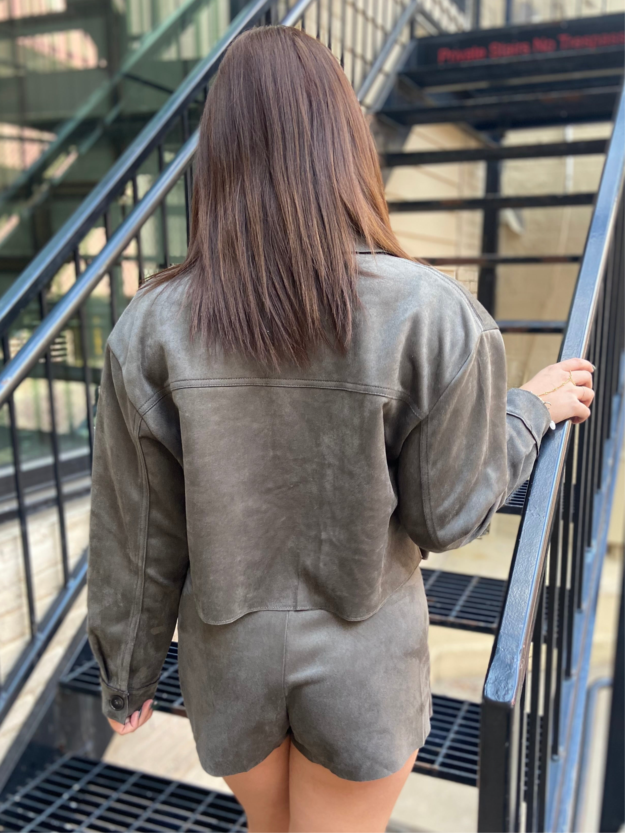 Ember Olive Grey Suede Cropped Jacket