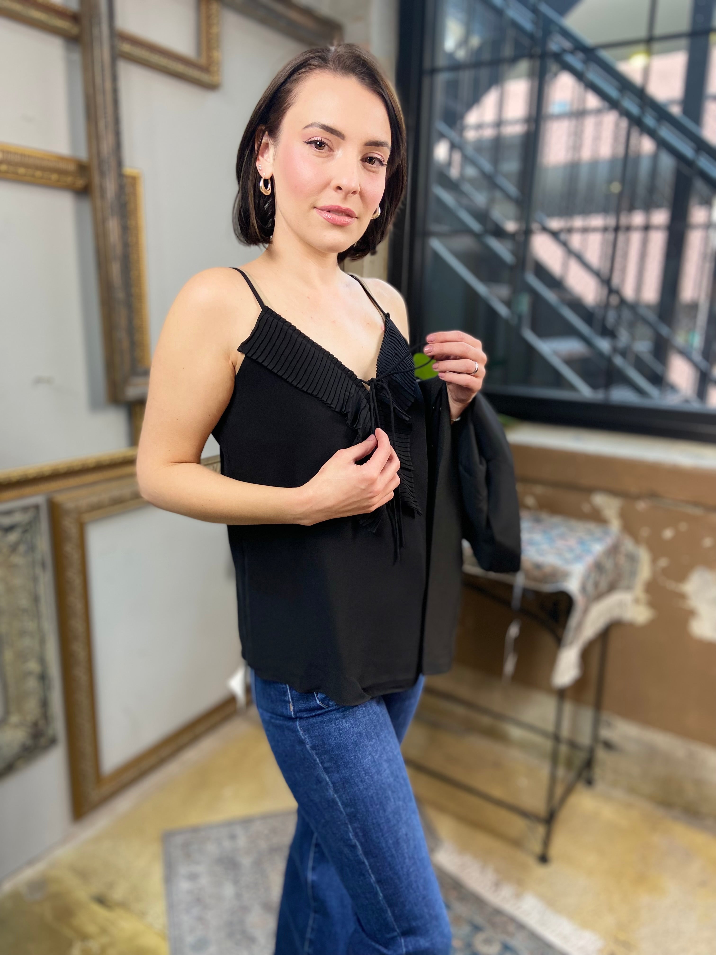 Tessa Black Pleated Ruffle Cami Top