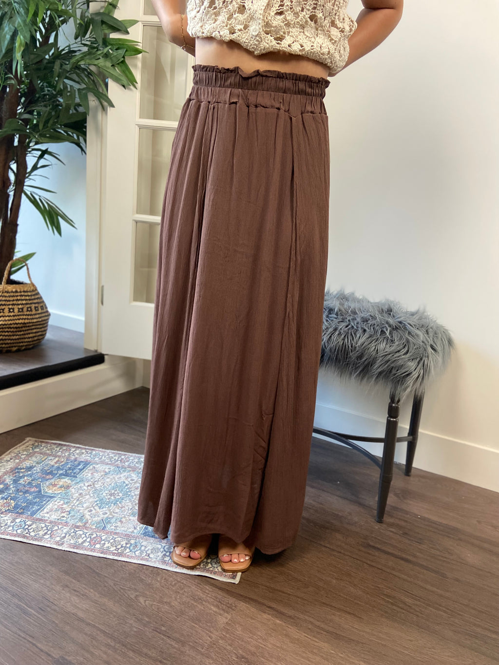 Theo Brown Midi Crinkle Slit Skirt - MK Threads Boutique