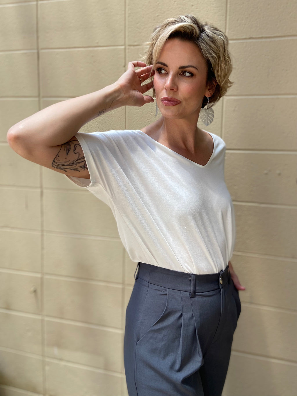 Nina White Stretchy V Neck Top - MK Threads Boutique