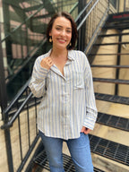 Katie Blue Striped Pocket Long Sleeve Blouse