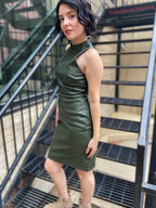 Malina Forest Green Vegan Leather High Neck Sleeveless Mini Dress