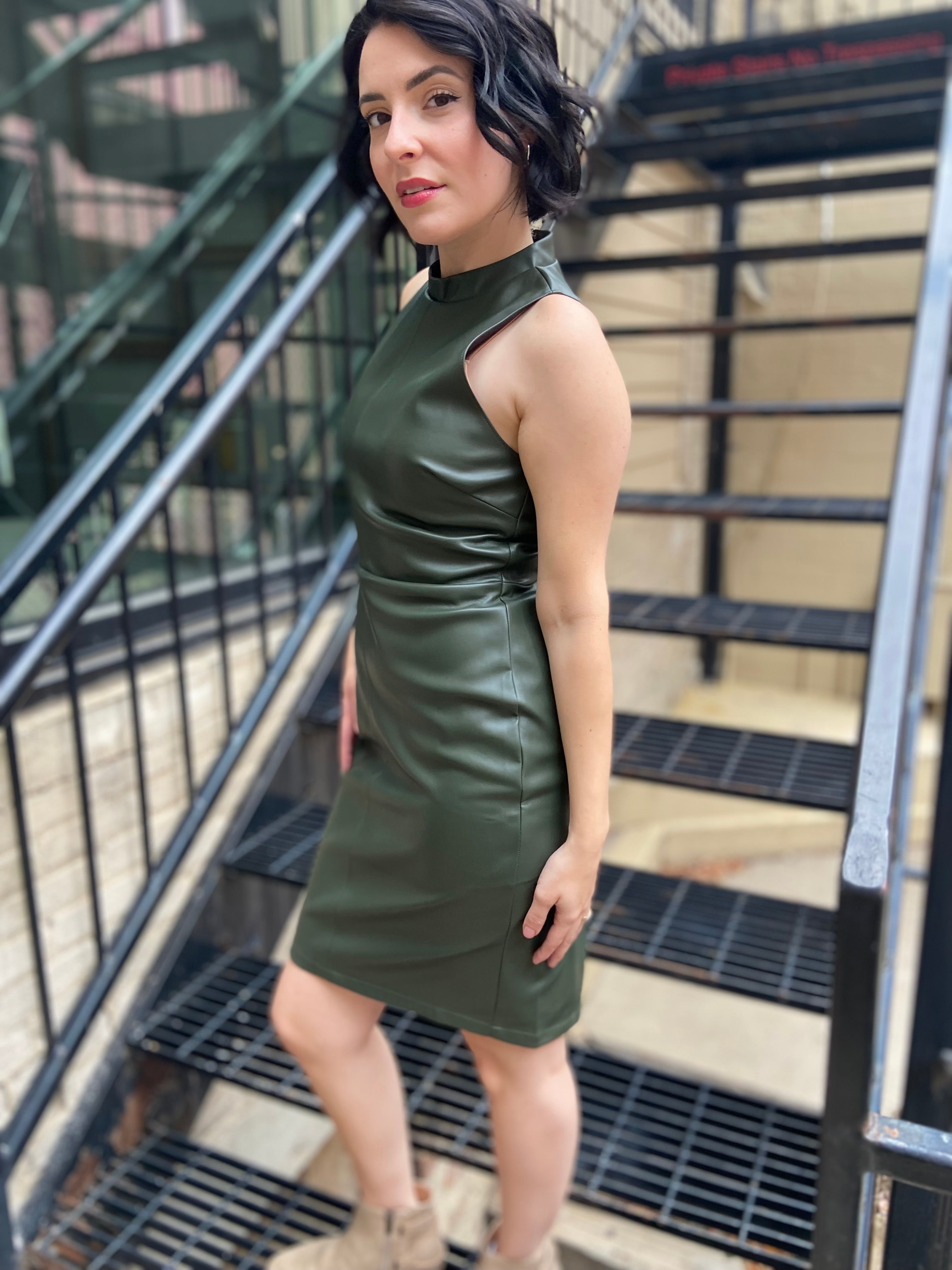 Malina Forest Green Vegan Leather High Neck Sleeveless Mini Dress