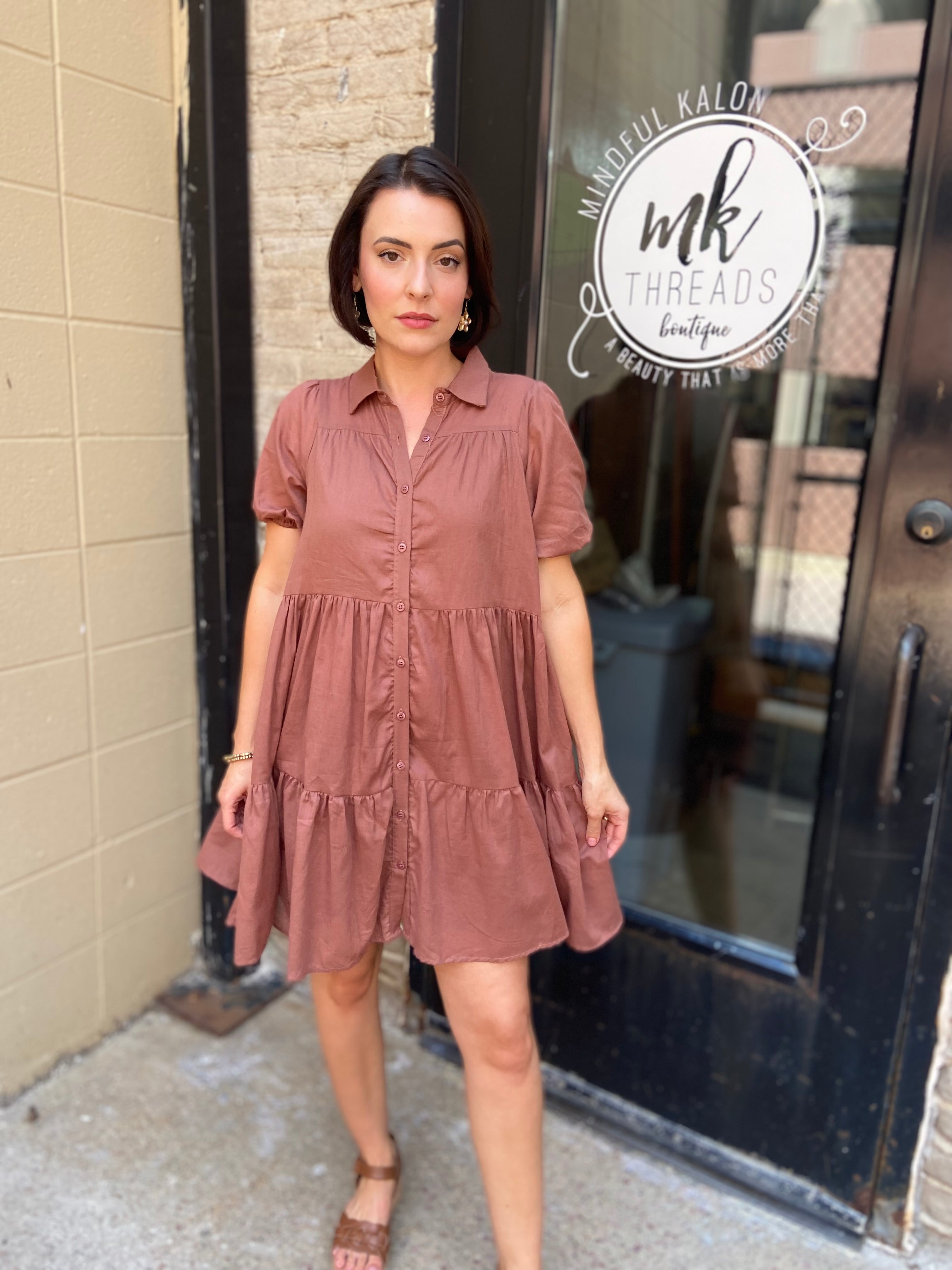 Lyra Brown Short Button Up Tiered Dress
