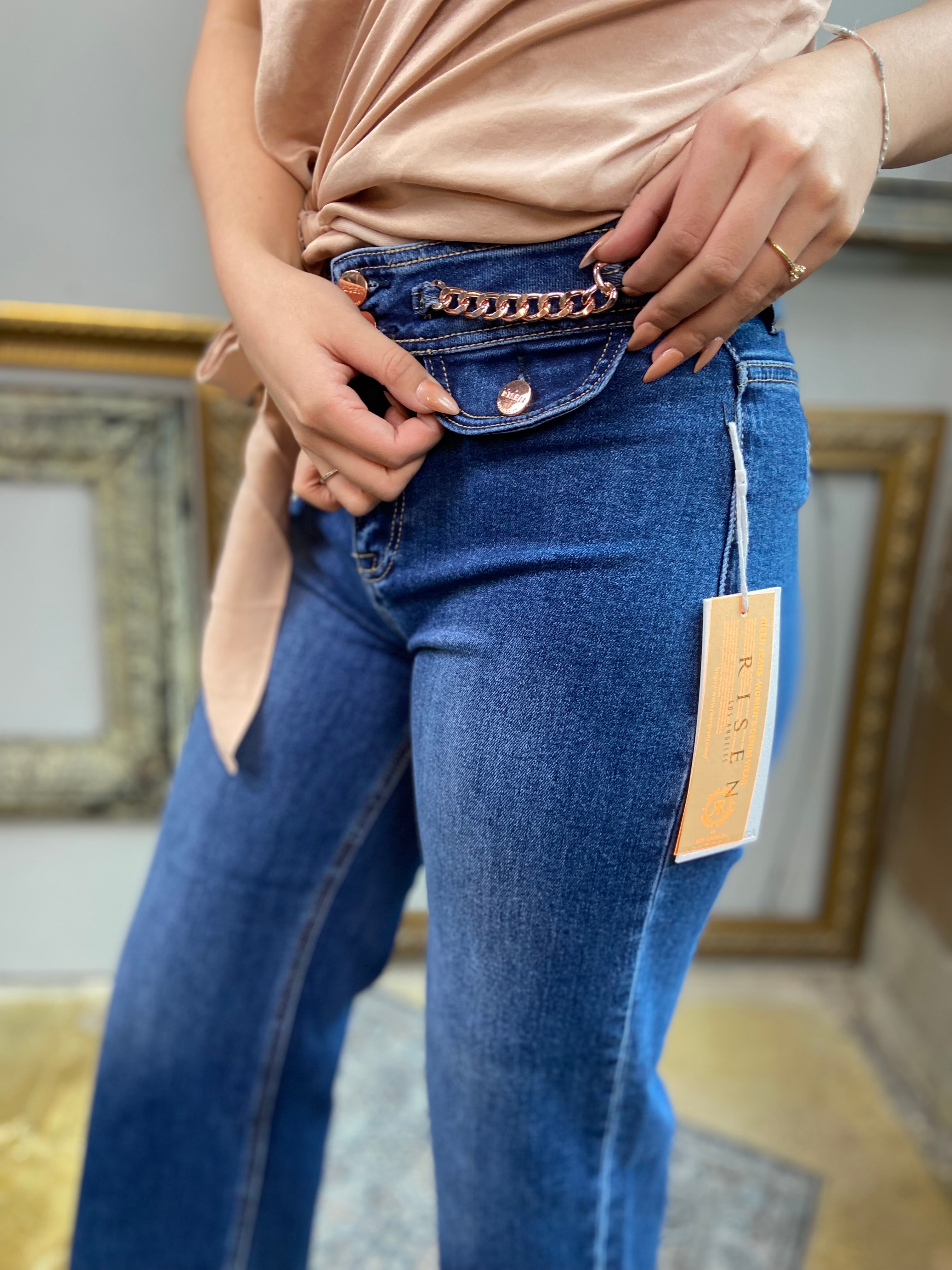 Steph Dark Wash High Rise Crop Chain Detail Risen Jeans - MK Threads Boutique