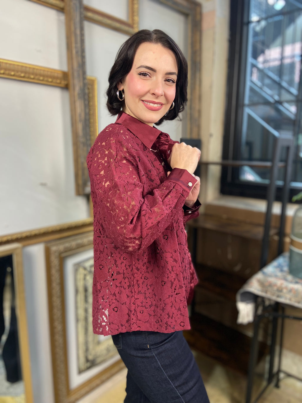 Nancie Wine Lace Button Up Top