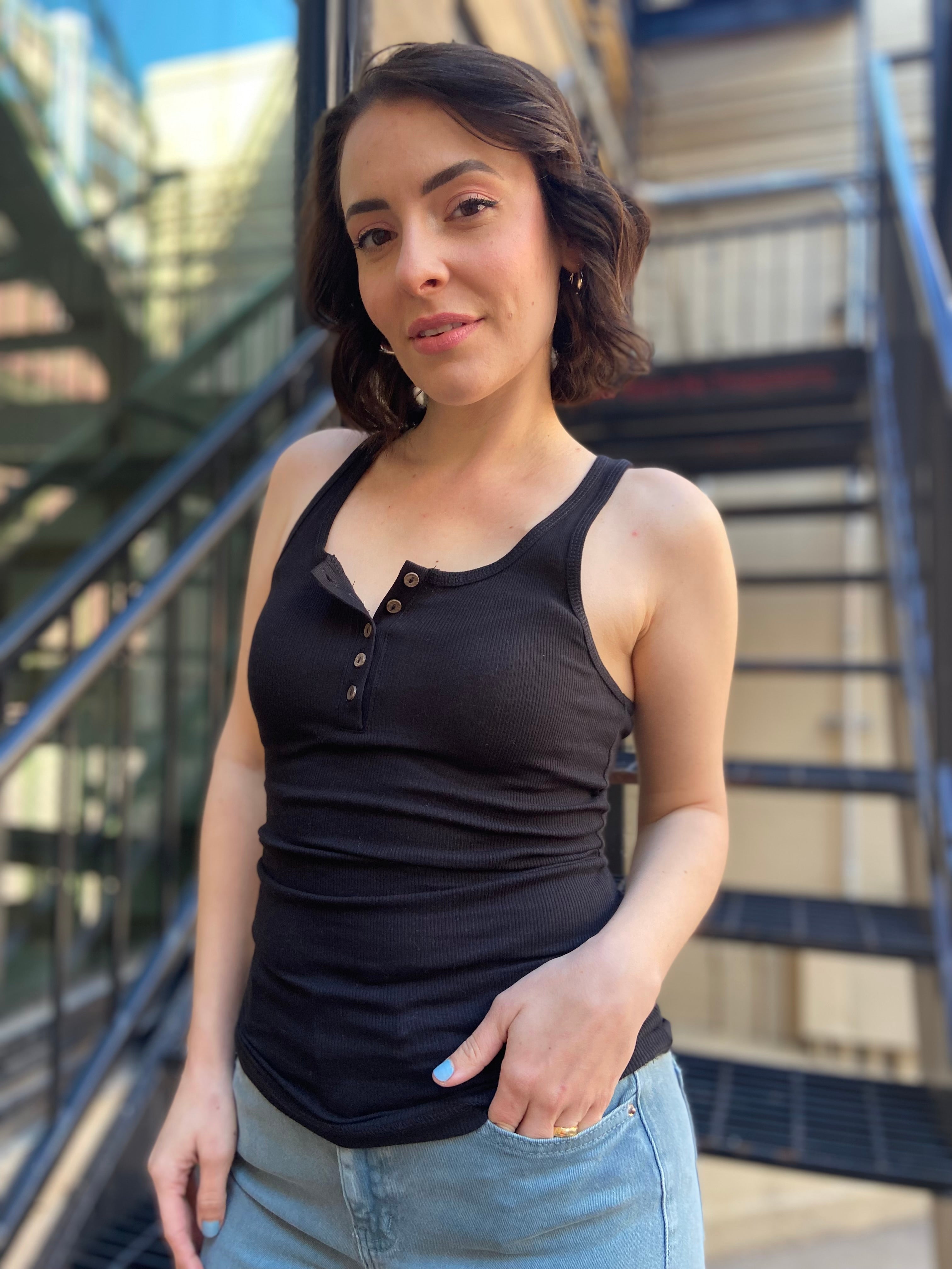 Emma Black Square Neck Button Tank Top - MK Threads Boutique