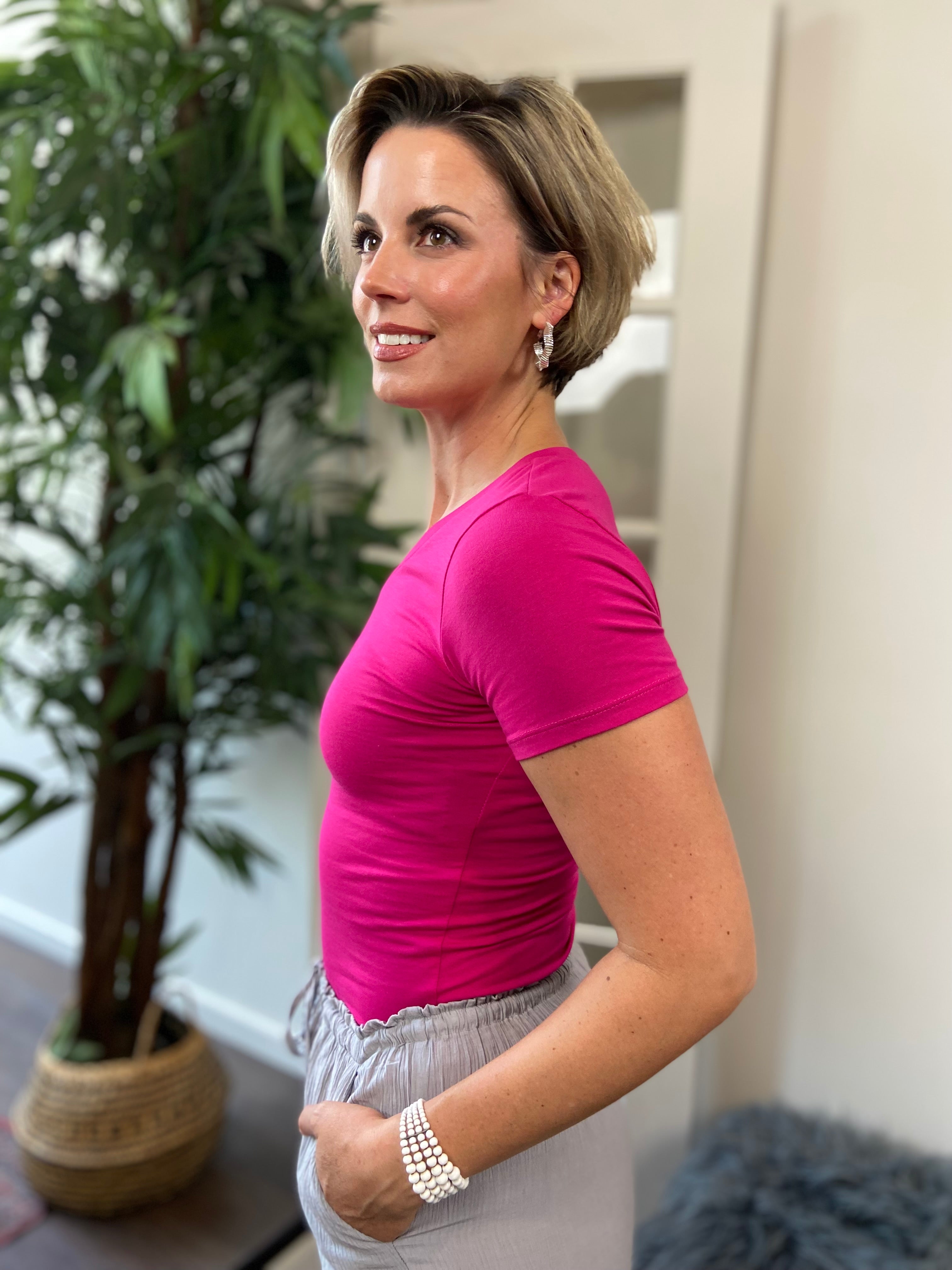 Carson Magenta Basic V Neck Short Sleeve Shirt - MK Threads Boutique