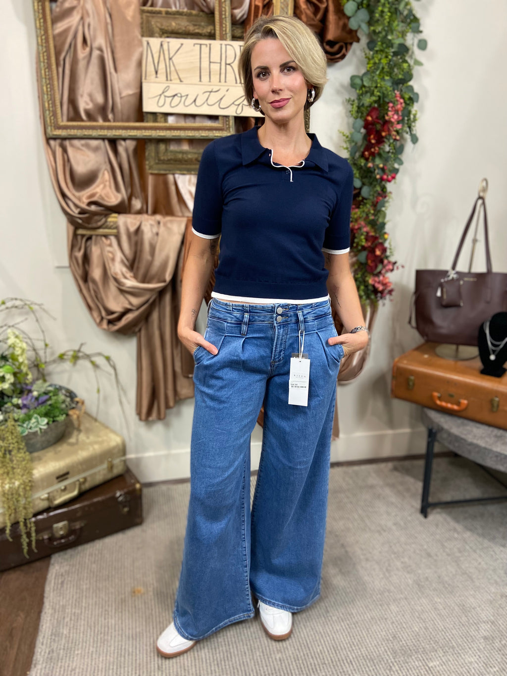Wilma Medium Wash Wide Leg Pleated Risen Jeans