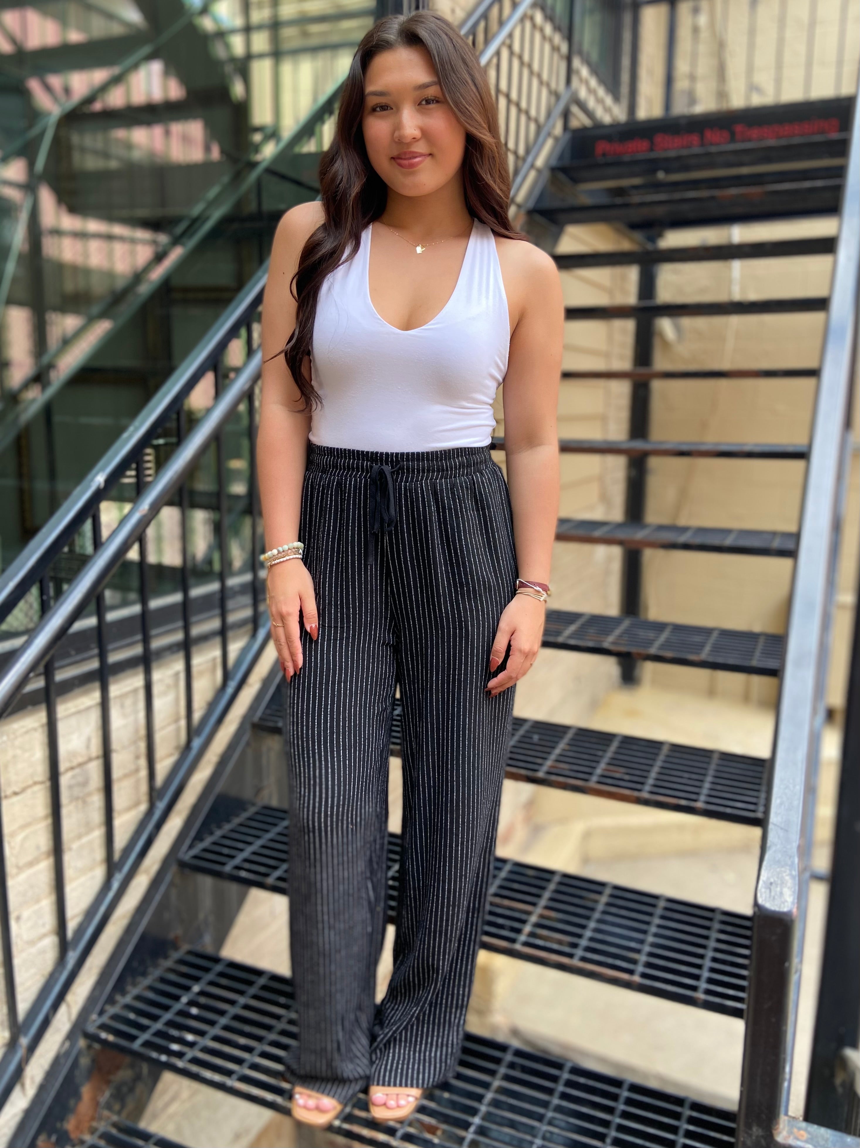 Orla Black Stripe Straight Leg Drawstring Pants