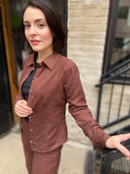 Eli dark Brown Suede Long Sleeve Button Up Top