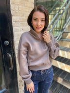 Mocha colored Cropped Fleece Pullover Sweatshirt with half zip neck