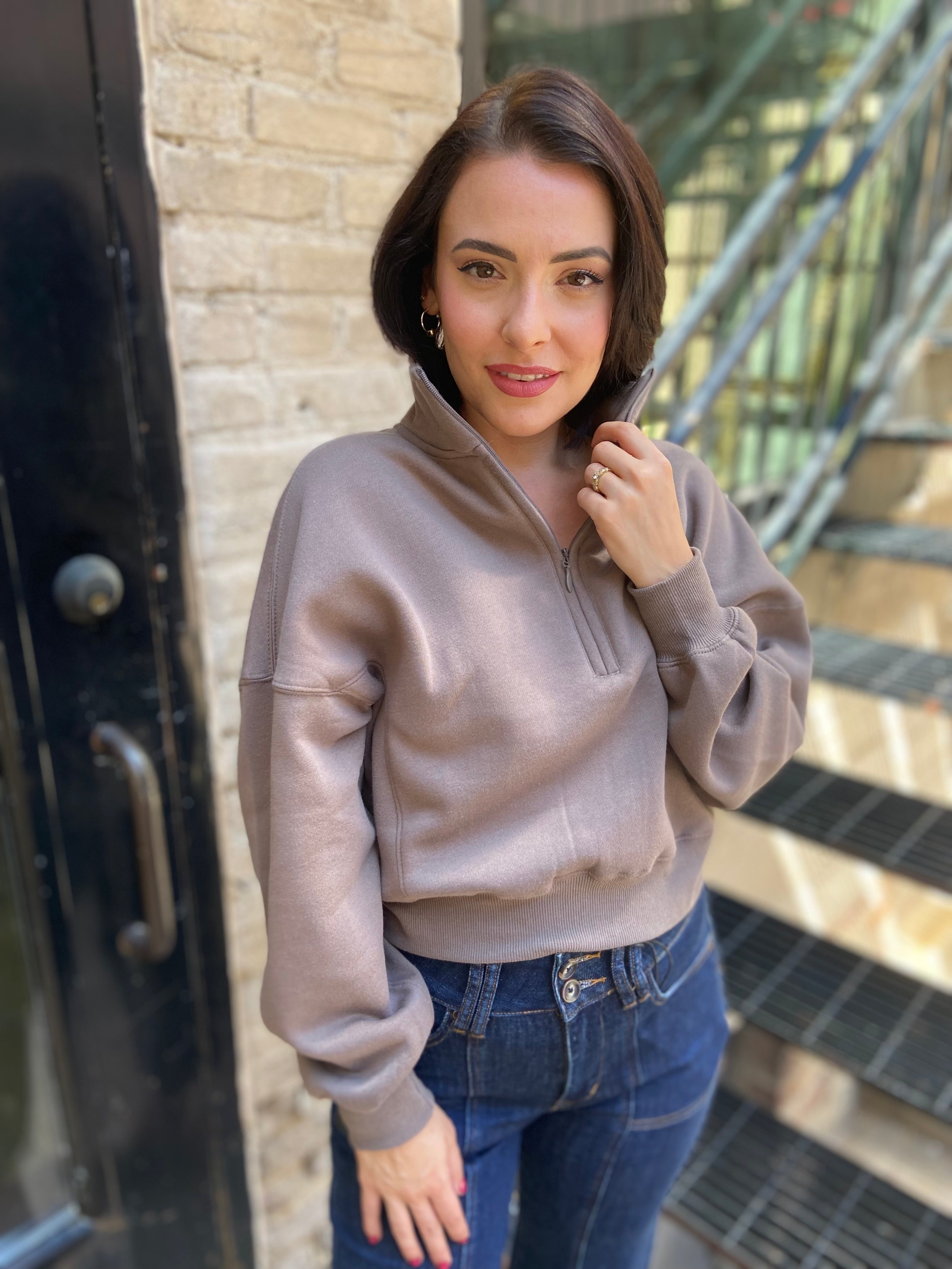Mocha colored Cropped Fleece Pullover Sweatshirt with half zip neck