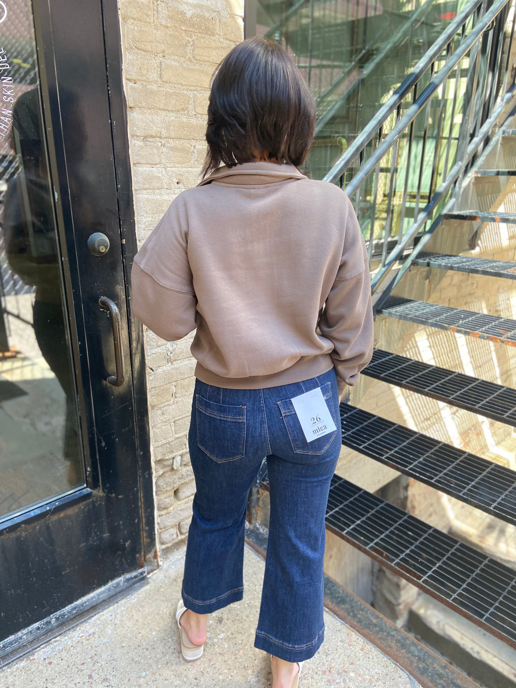 Back view of a mocha colored Cropped Fleece Pullover Sweatshirt with half zip neck