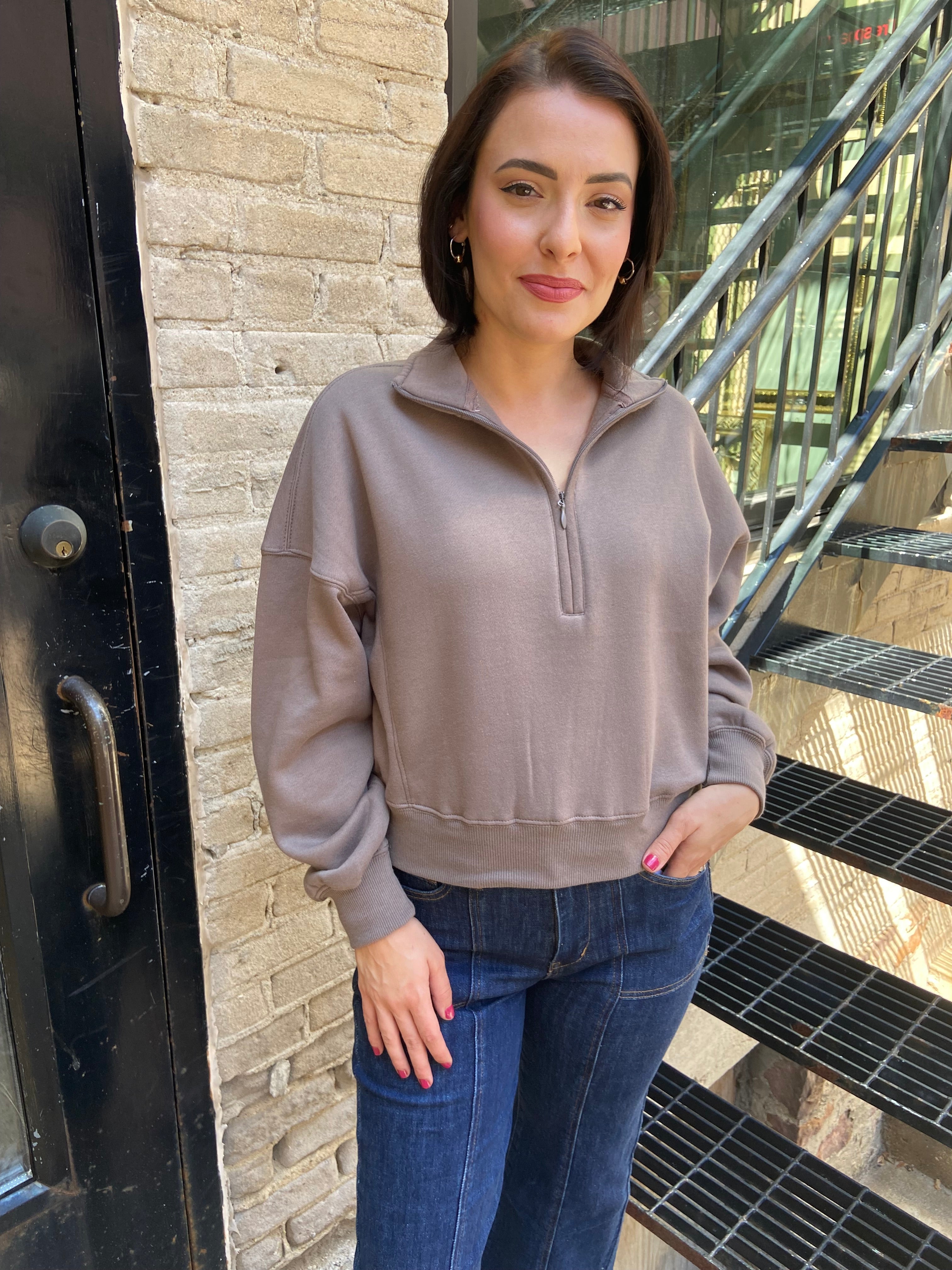 Mocha colored Cropped Fleece Pullover Sweatshirt with half zip neck