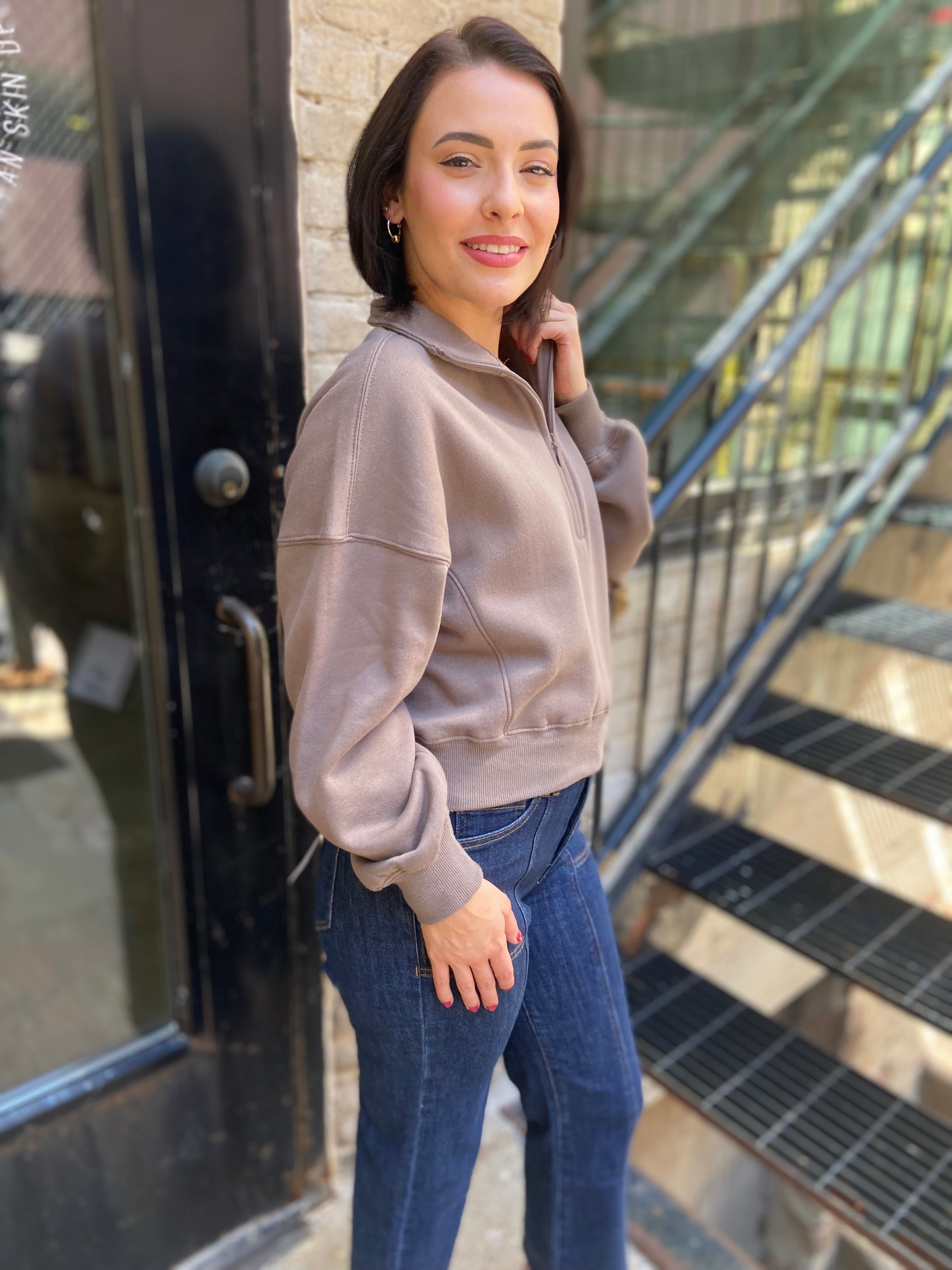 Mocha colored Cropped Fleece Pullover Sweatshirt with half zip neck