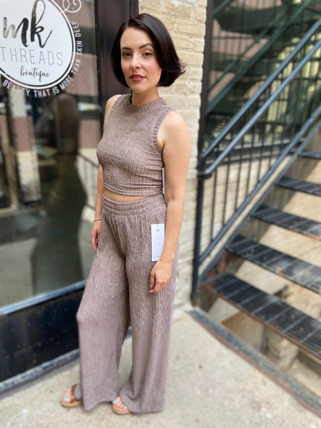 Gianni Taupe Crinkle Textured Loungewear Set