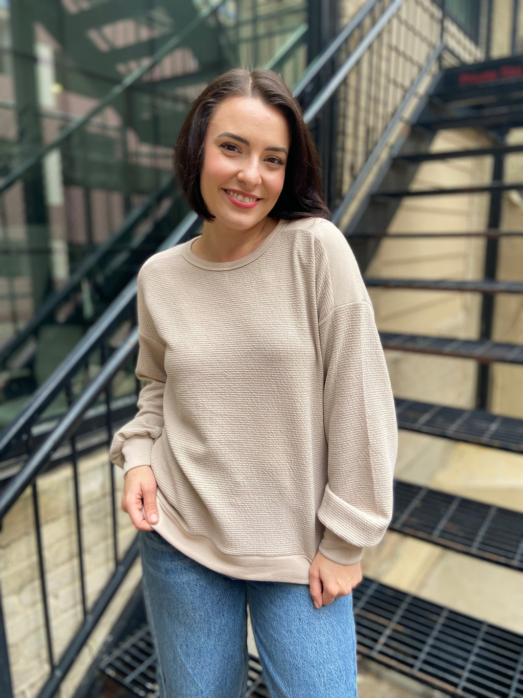 Stellie Taupe Crewneck Long Sleeve Top