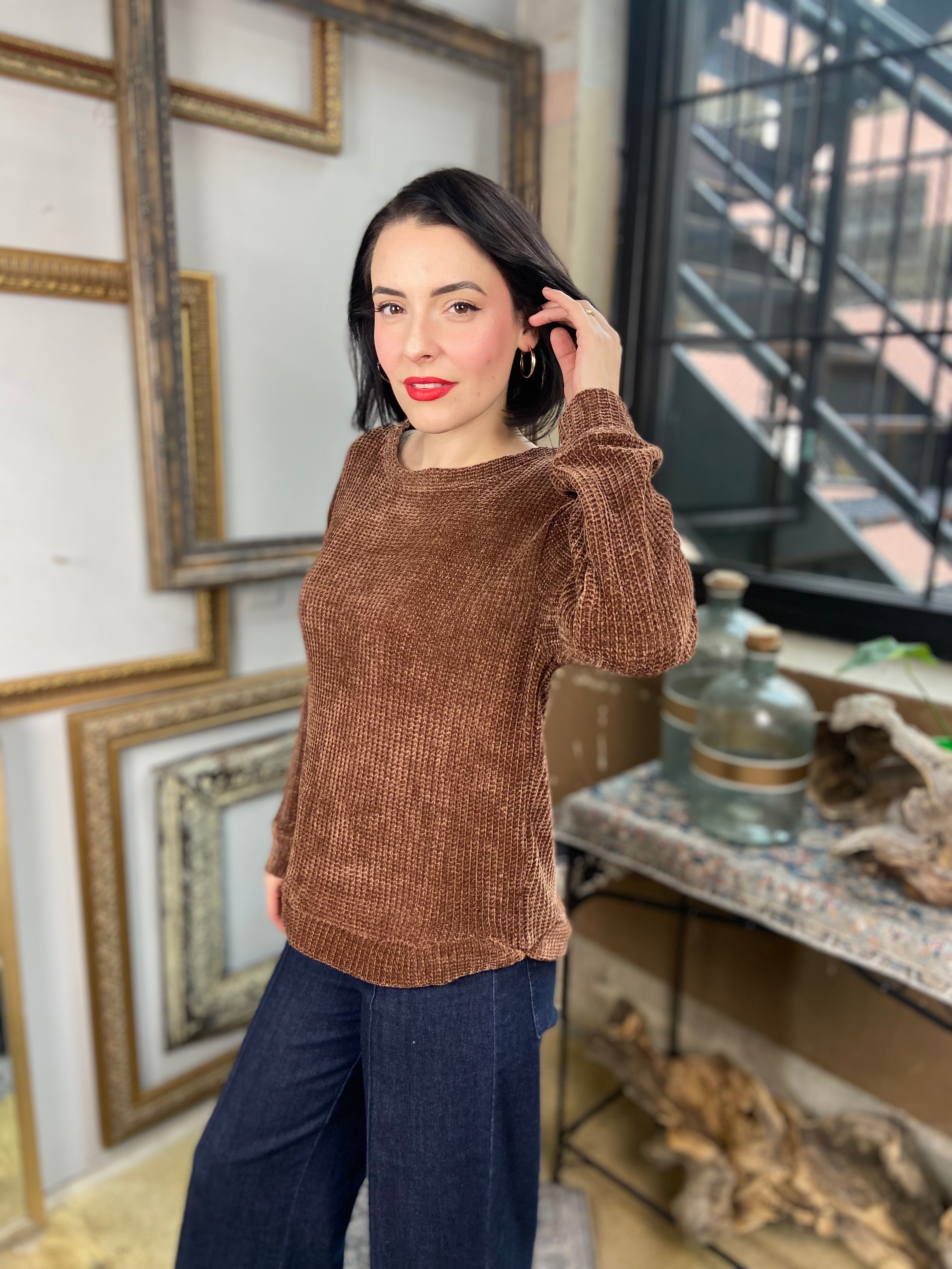 Kayla Brown Chenille Waffle Round Neck Sweater