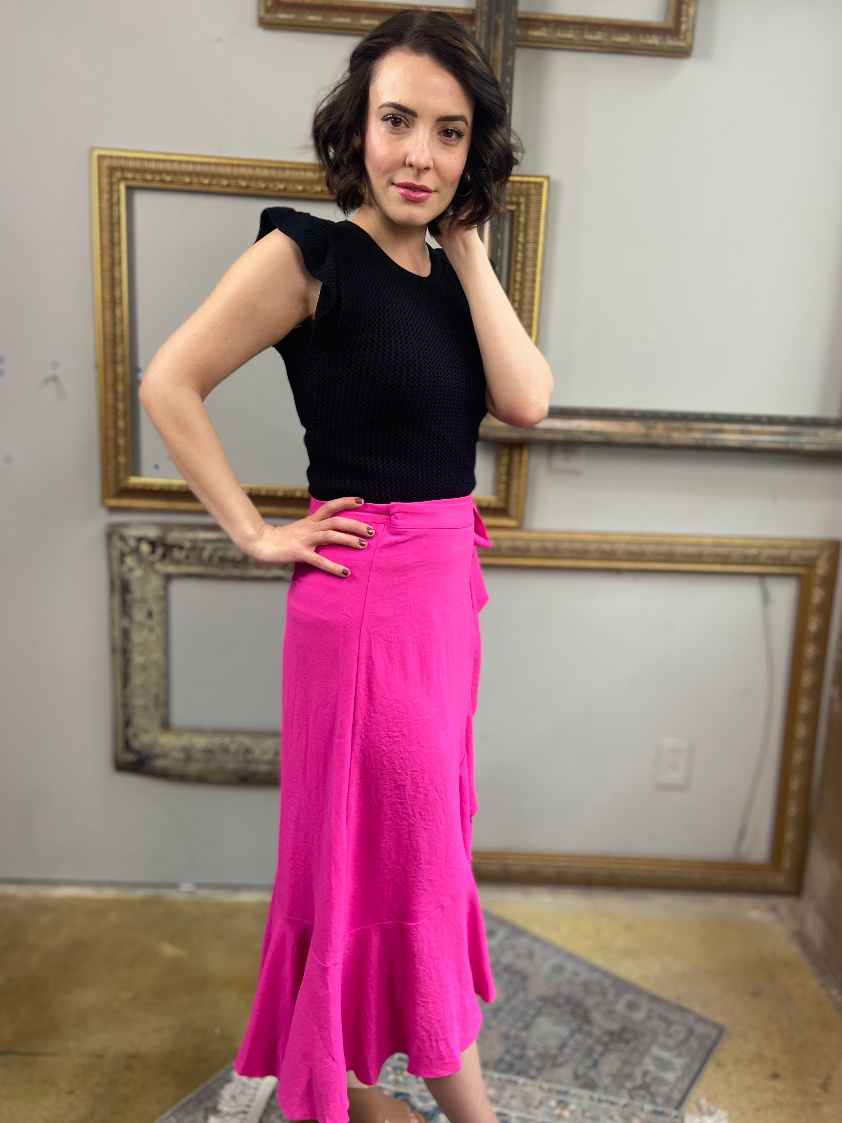 Sam Hot Pink Wrap Ruffle Midi Skirt - MK Threads Boutique