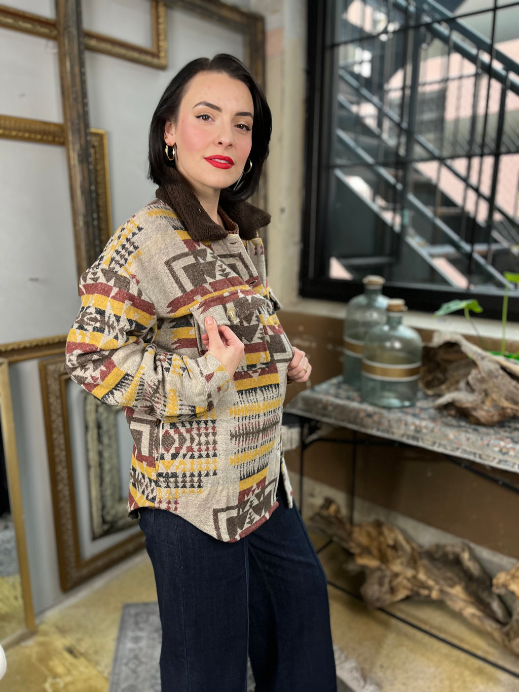 Zeze Taupe Aztec Fringe Shacket