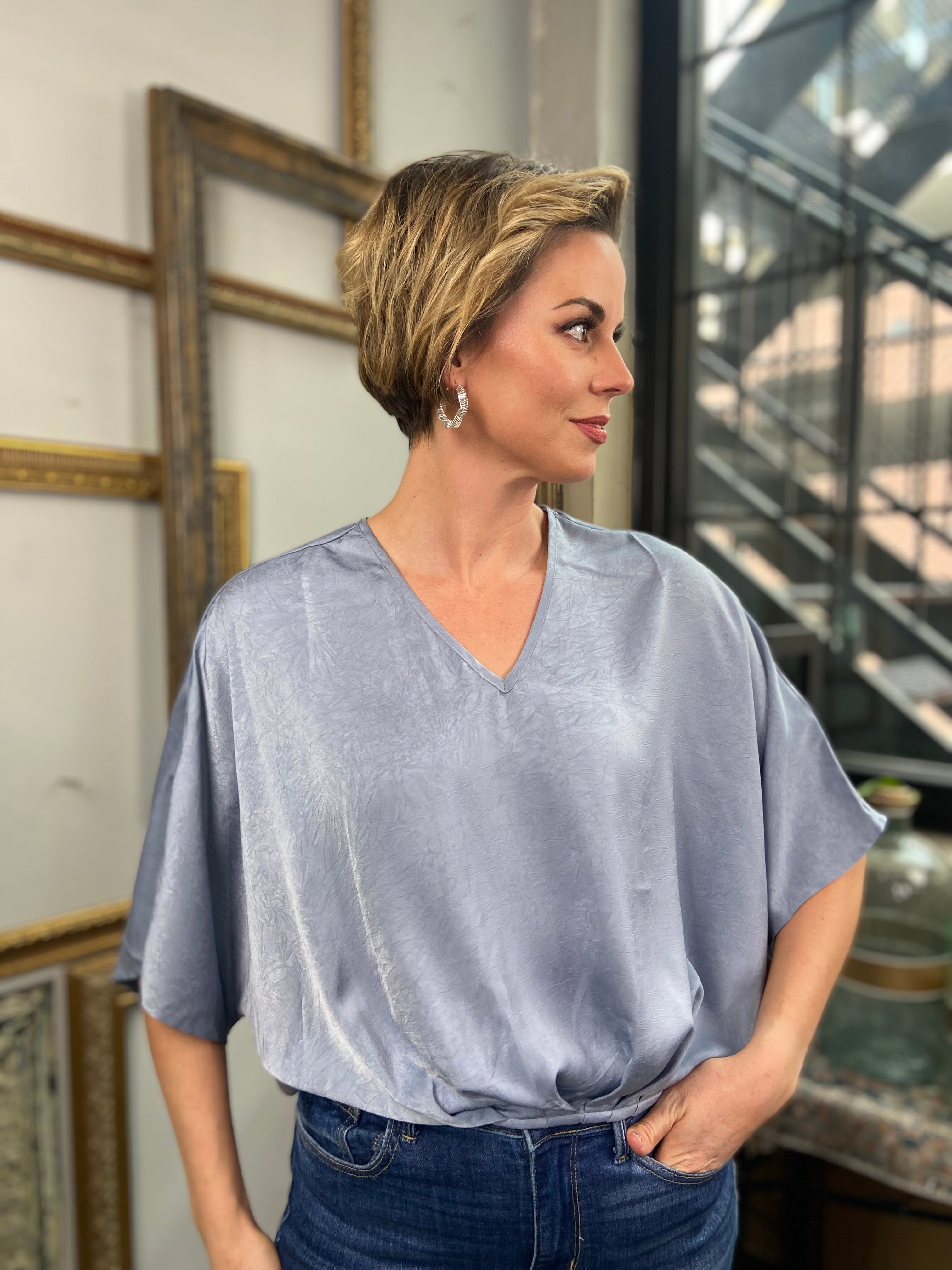 Everette Light Blue Satin Sleeveless Blouse