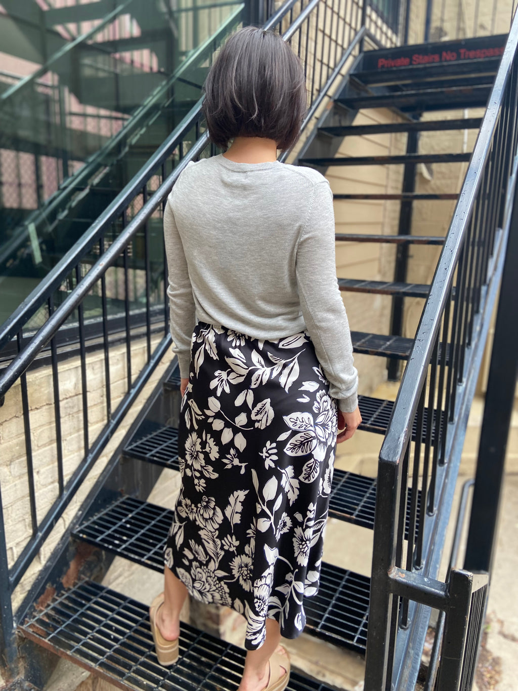 Skye Black & White Floral Satin Midi Skirt