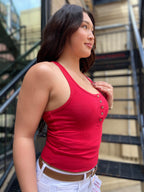 Emma Red Square Neck Button Tank Top