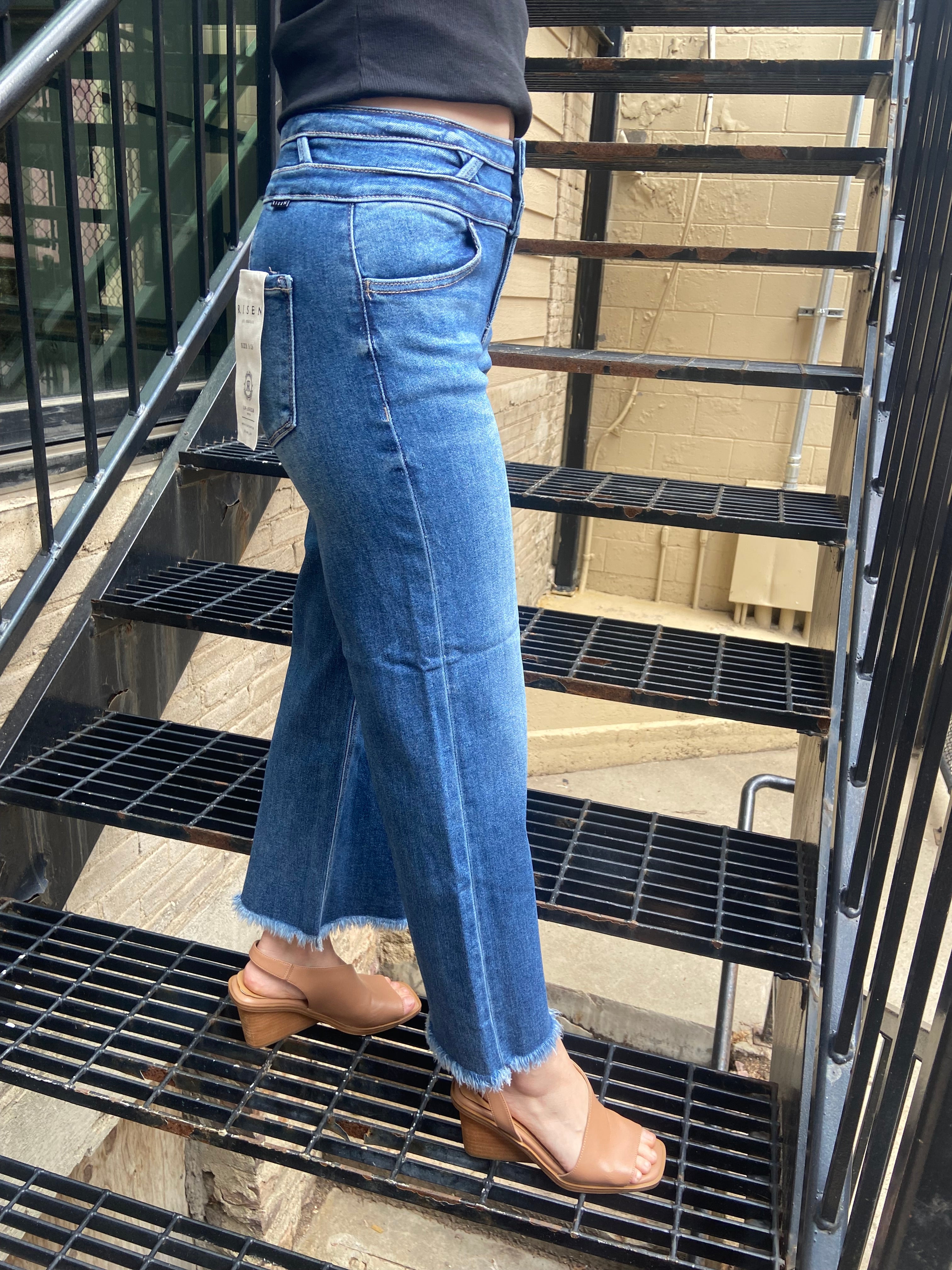 Alana Dark Wash Button Detail Wide Leg Risen Jeans - MK Threads Boutique