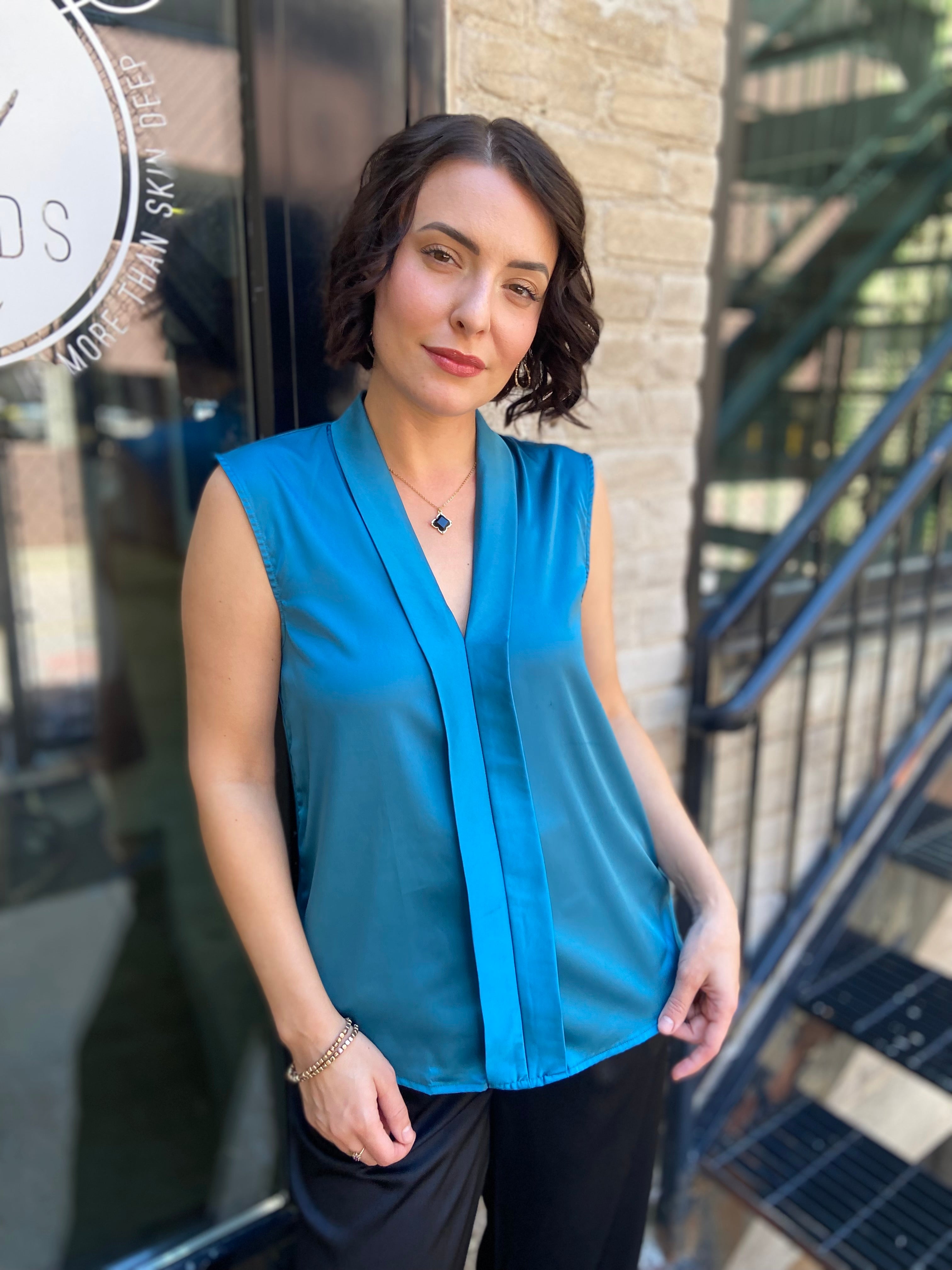 Abbey Teal Satin Collard Sleeveless Blouse