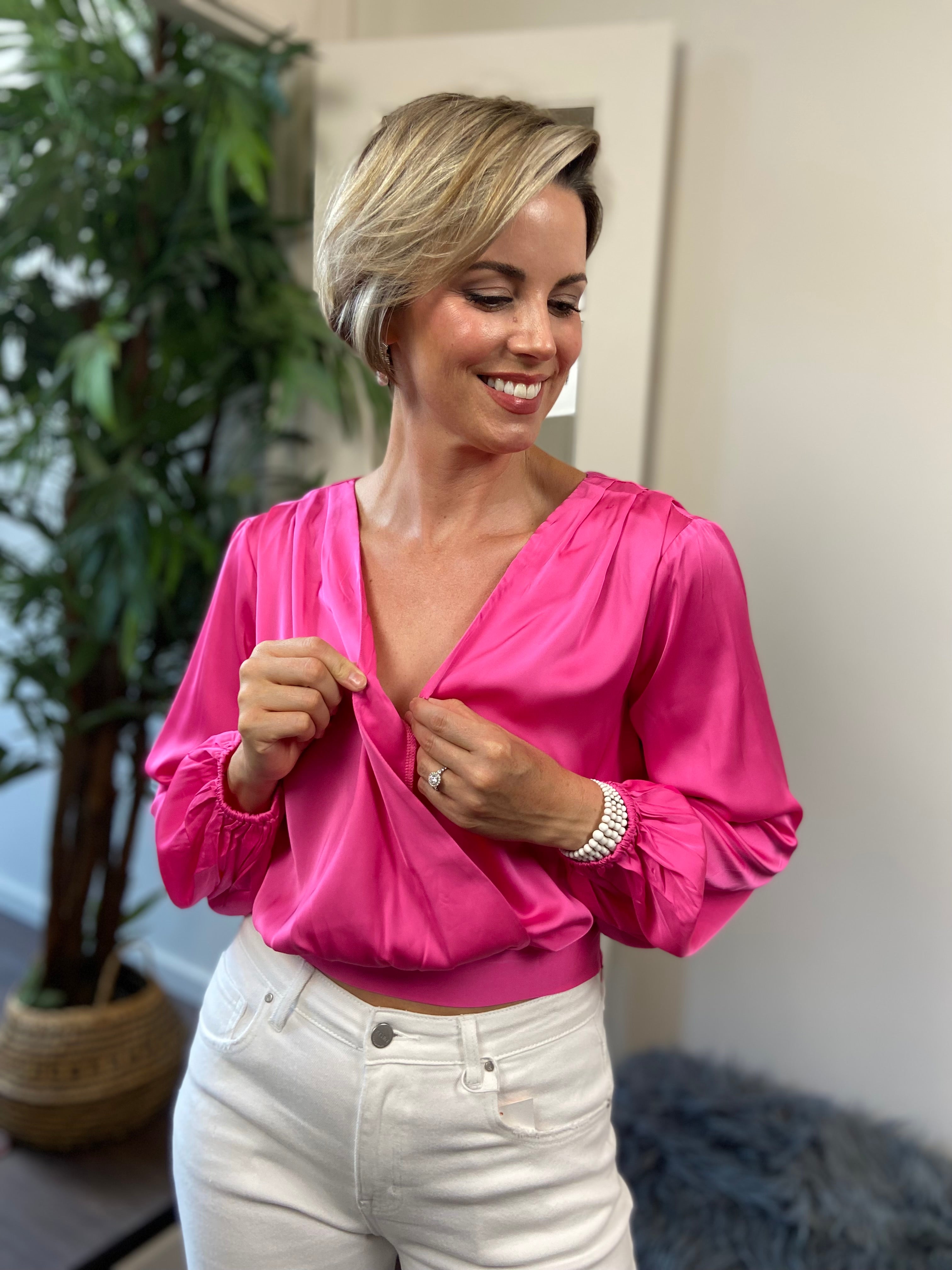 Elio Hot Pink V Neck Long Sleeve Blouse - MK Threads Boutique