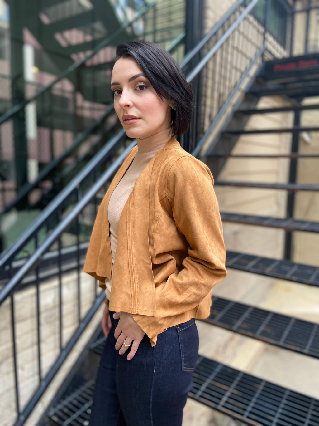 Azalia Cashew Suede Open Crop Jacket
