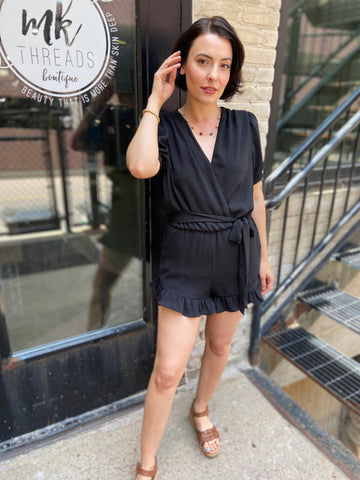 Capri Black V Neck Tie Romper
