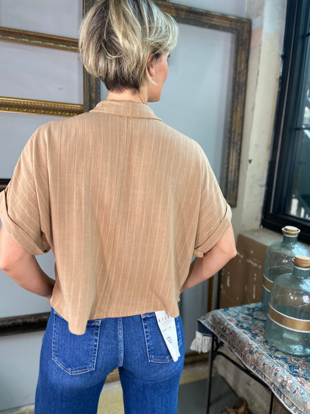 Cobri Taupe Oversized  Striped Button Down Top
