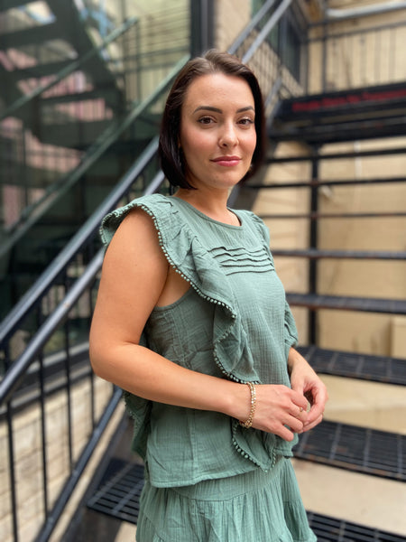 Alianne Moss Green Gauze Ruffle Top