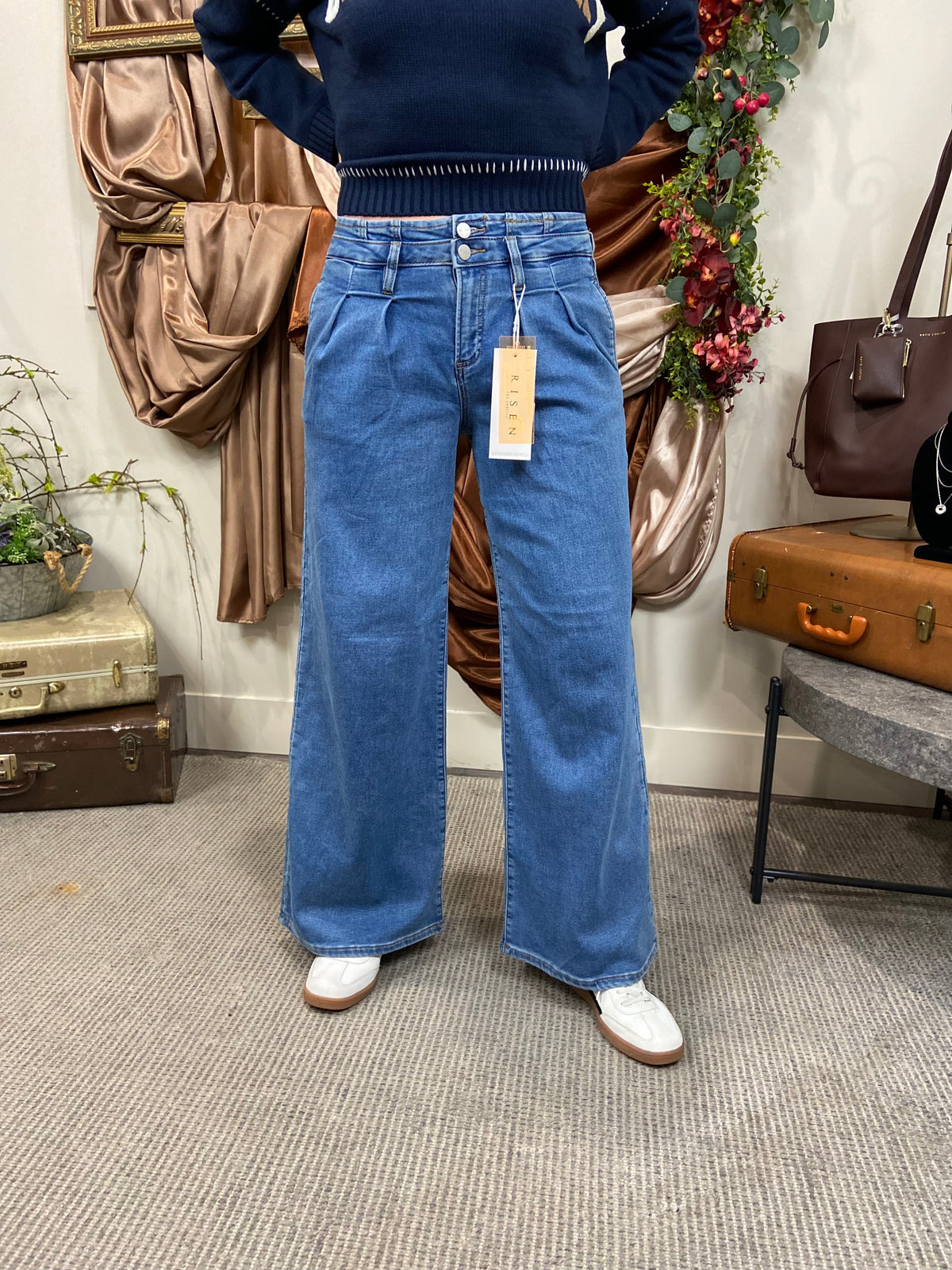 Wilma Medium Wash Wide Leg Pleated Risen Jeans