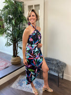 Natalie Black & Floral Detail Halter Neck Hi-Low Maxi Dress - MK Threads Boutique