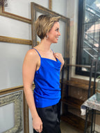 Caroline Royal Blue Satin Cowl Neck Blouse - MK Threads Boutique