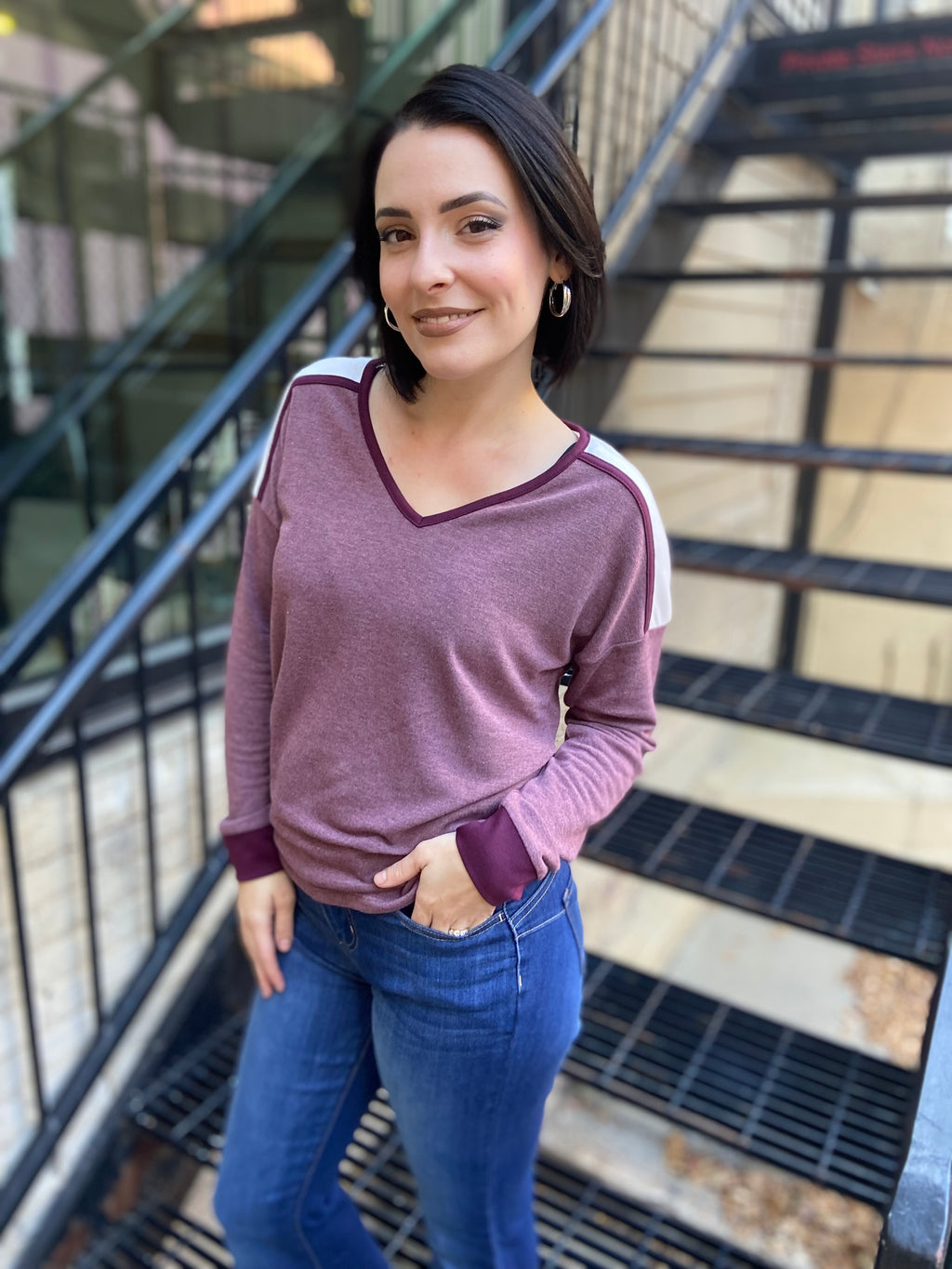 Lucy Burgundy Trim V-Neck Long Sleeve