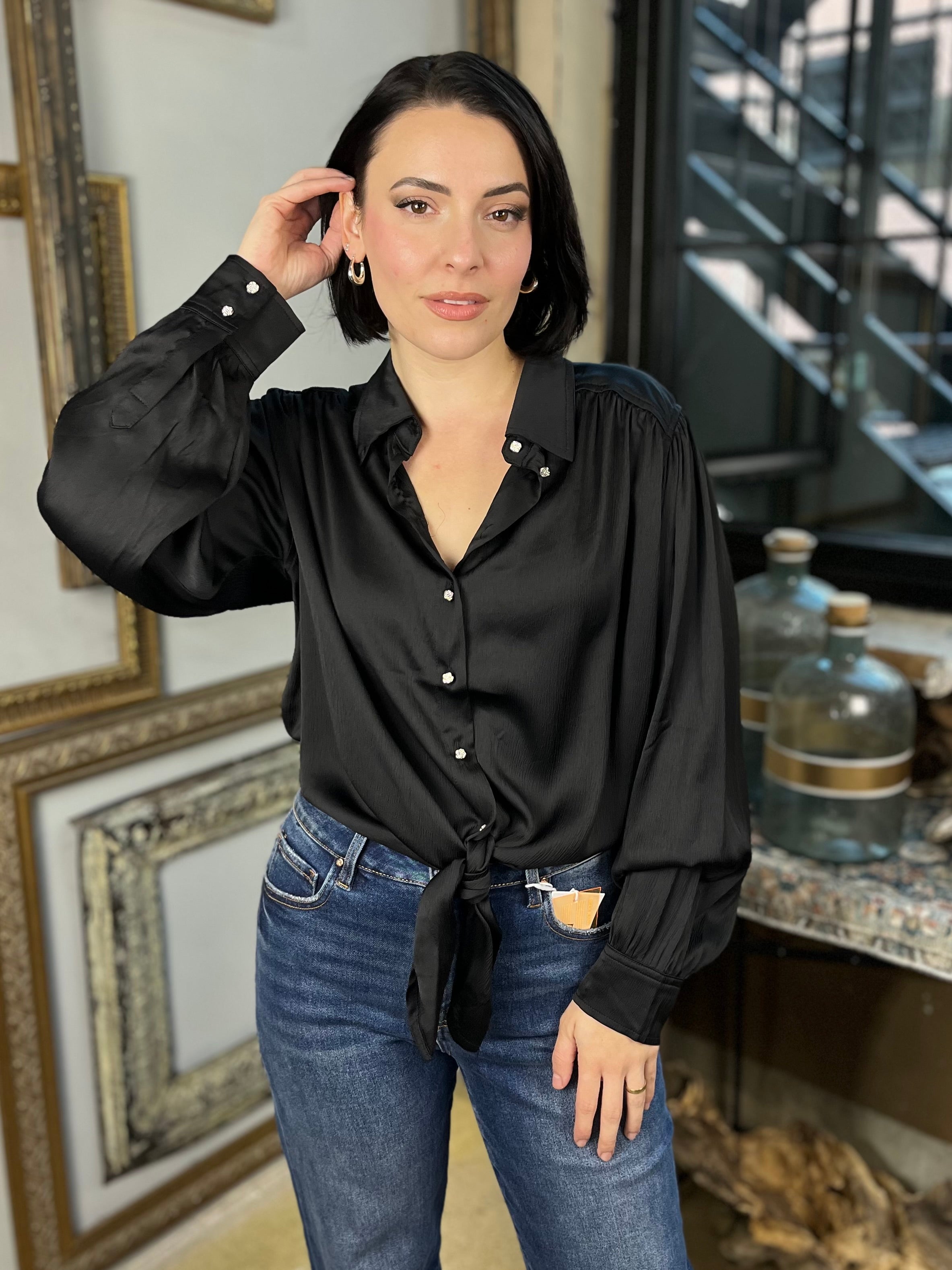 Billie Black Button Detail Long Sleeve  Button Up