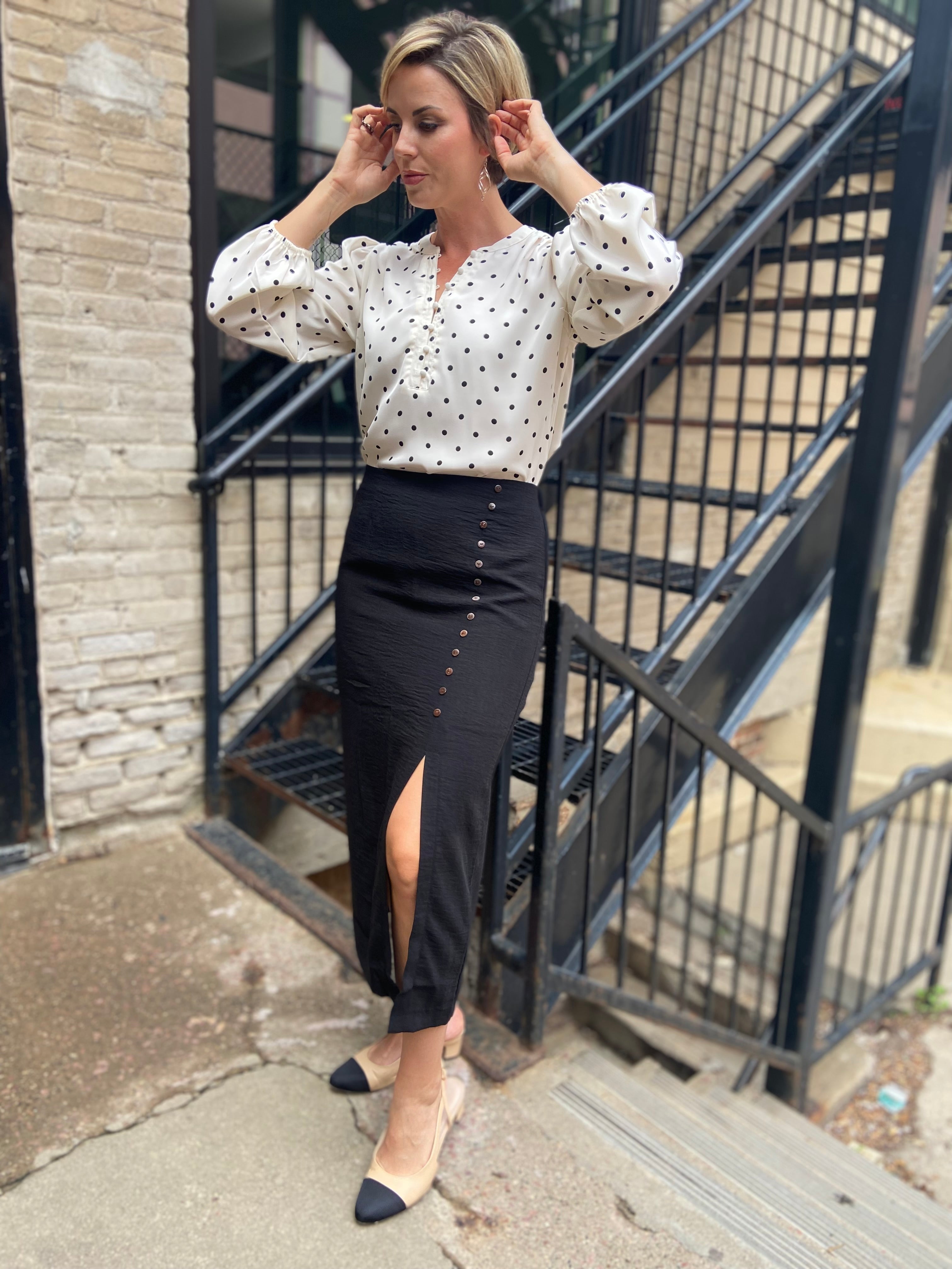 Ray Black Front Slit Button Down Linen Skirt