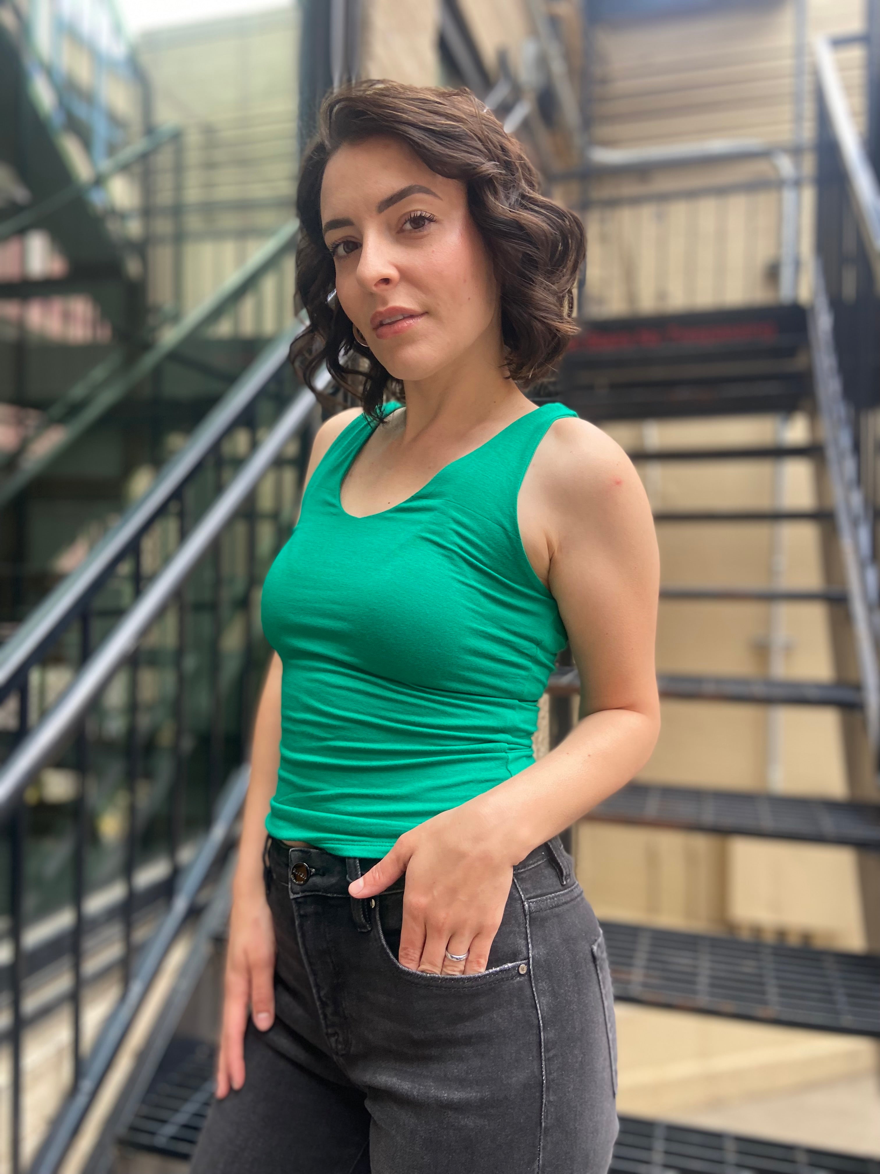 Rula Green Double Line V Neck Tank Top - MK Threads Boutique