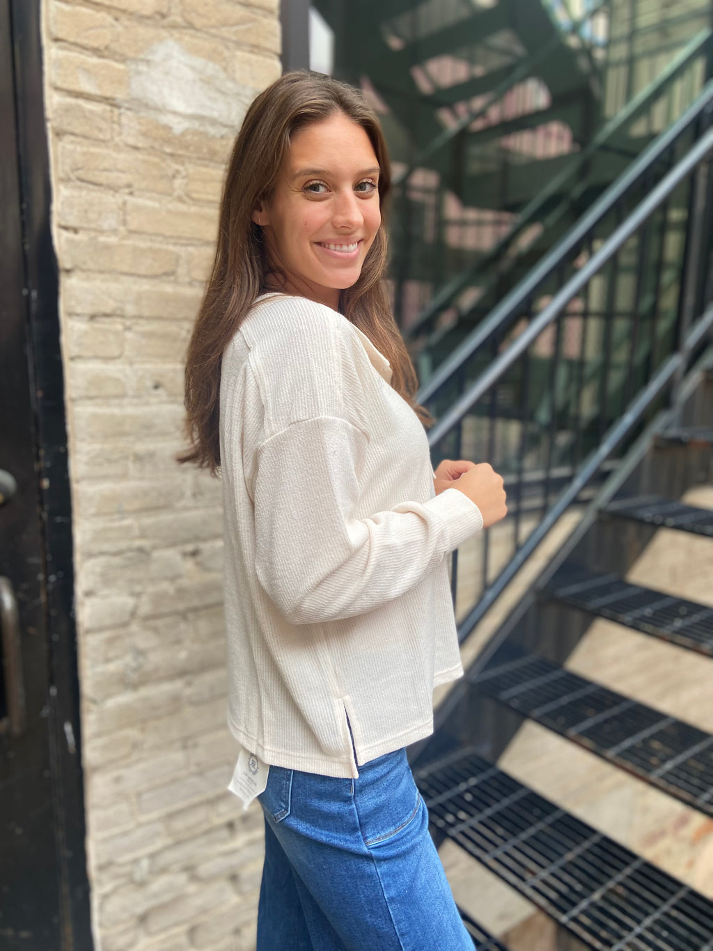 Kit Cream Ribbed Henley Long Sleeve Top