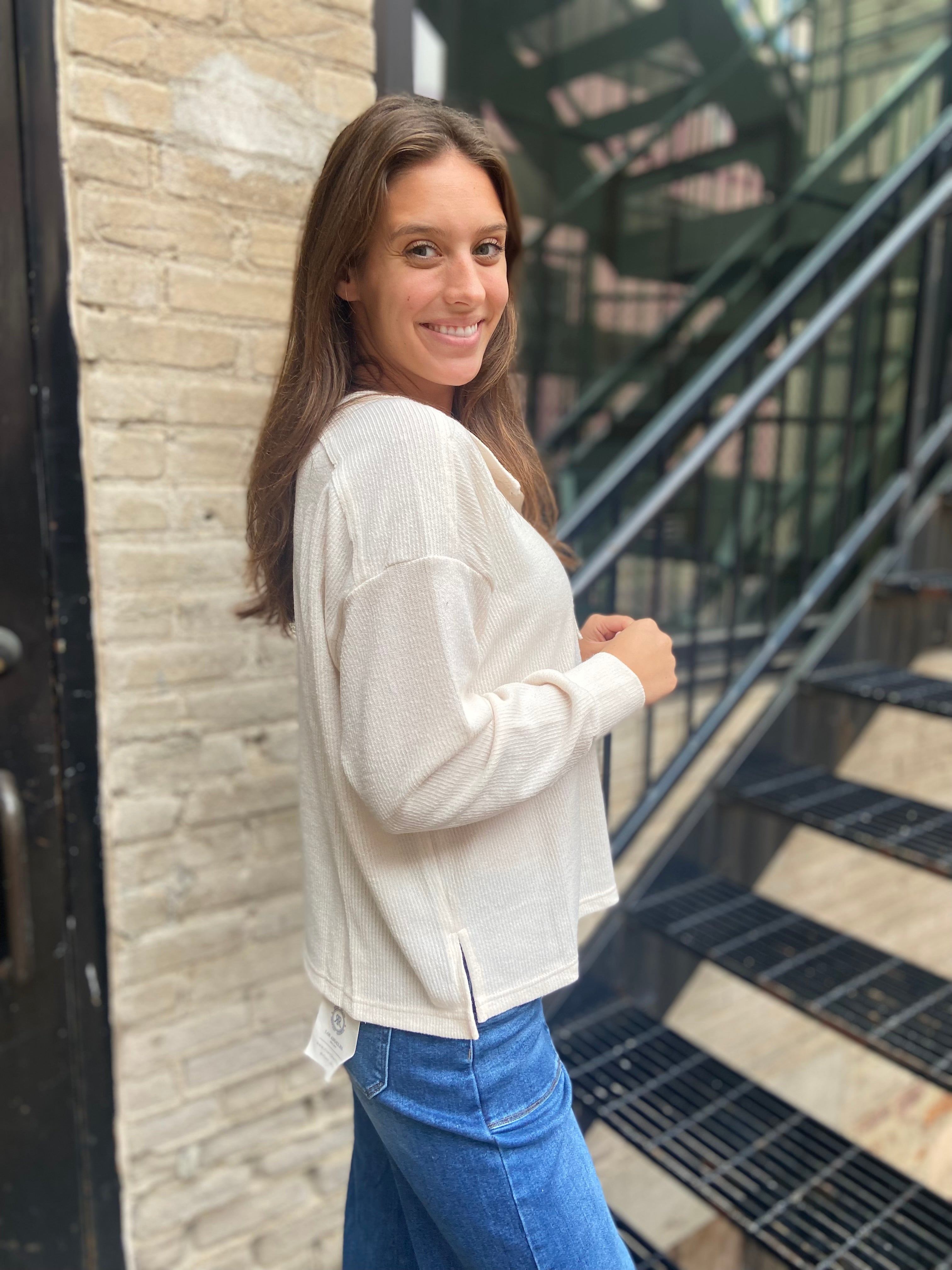Kit Cream Ribbed Henley Long Sleeve Top
