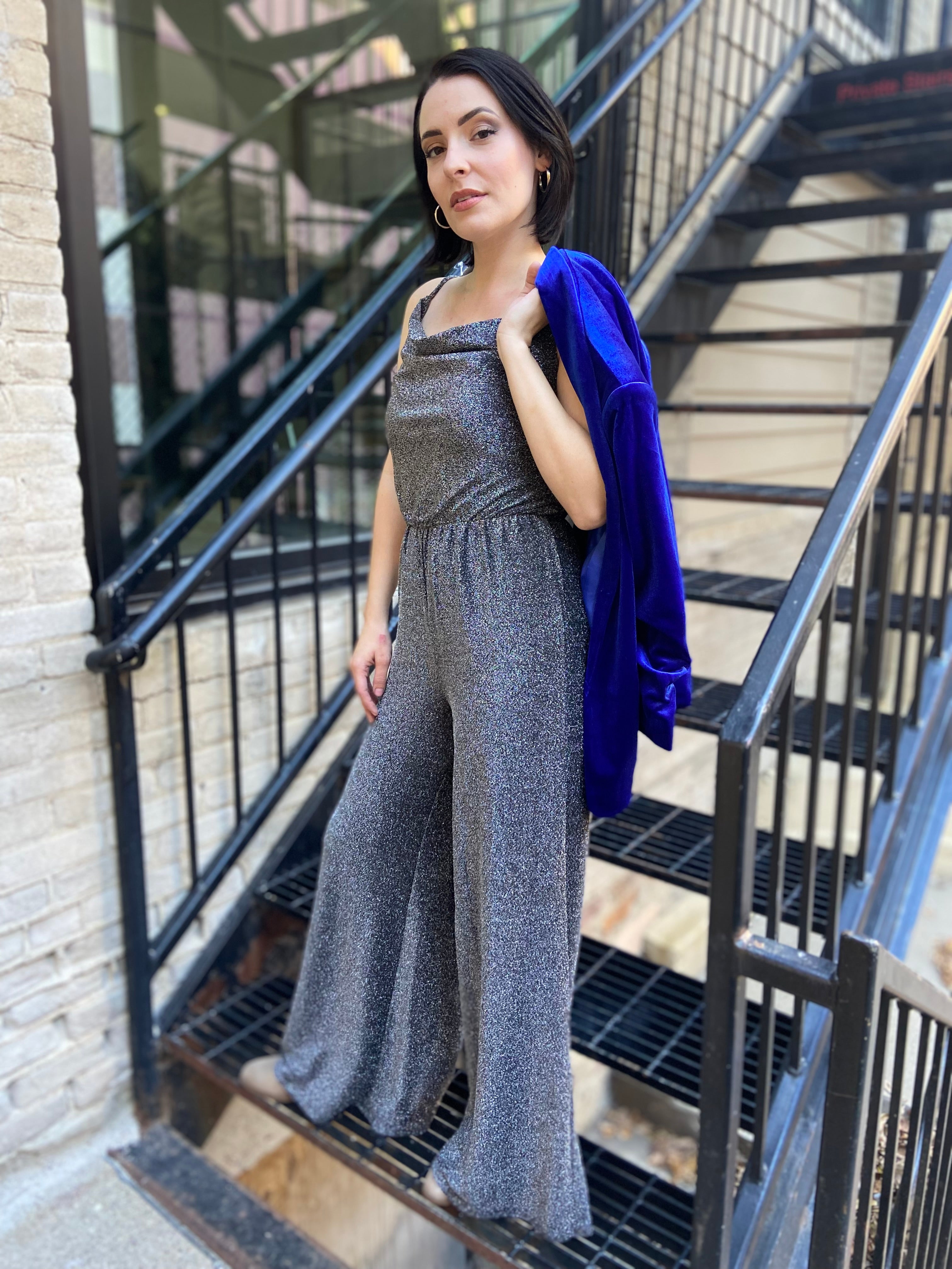 Tiffany Black And Silver Cowl Neck Glitter Jumpsuit