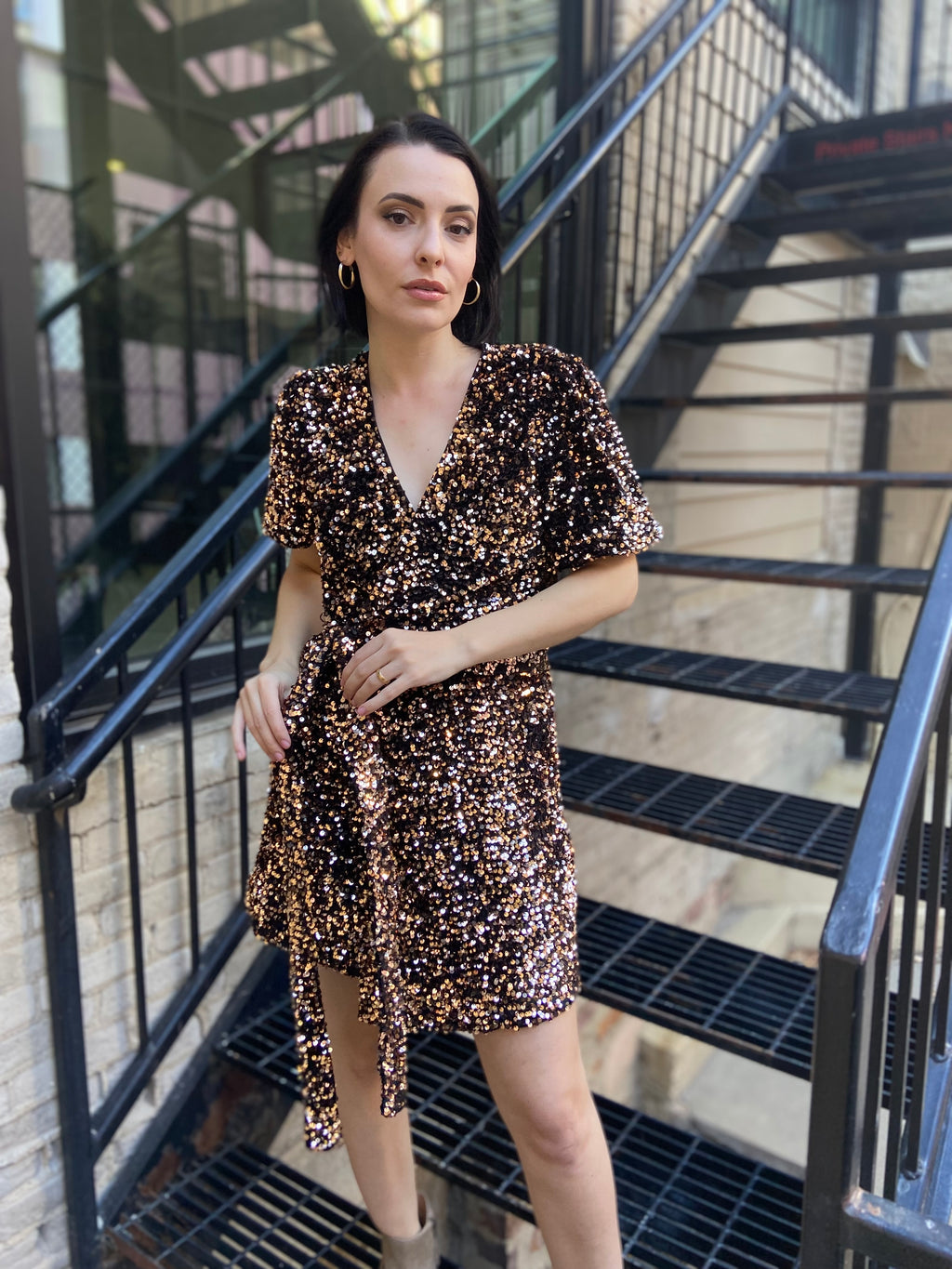 Peyton Black & Gold Sequin Wrap Mini Dress