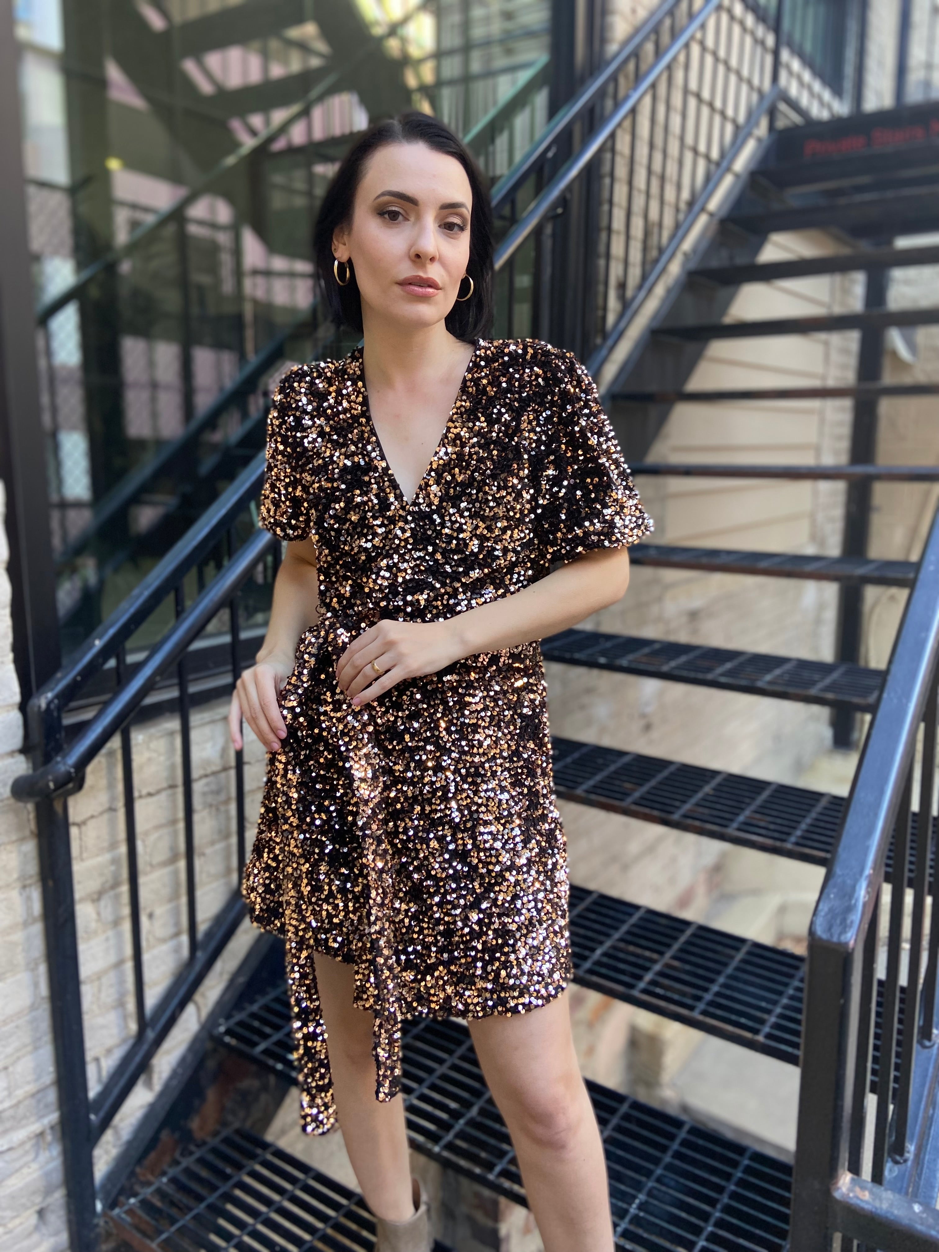 Peyton Black & Gold Sequin Wrap Mini Dress